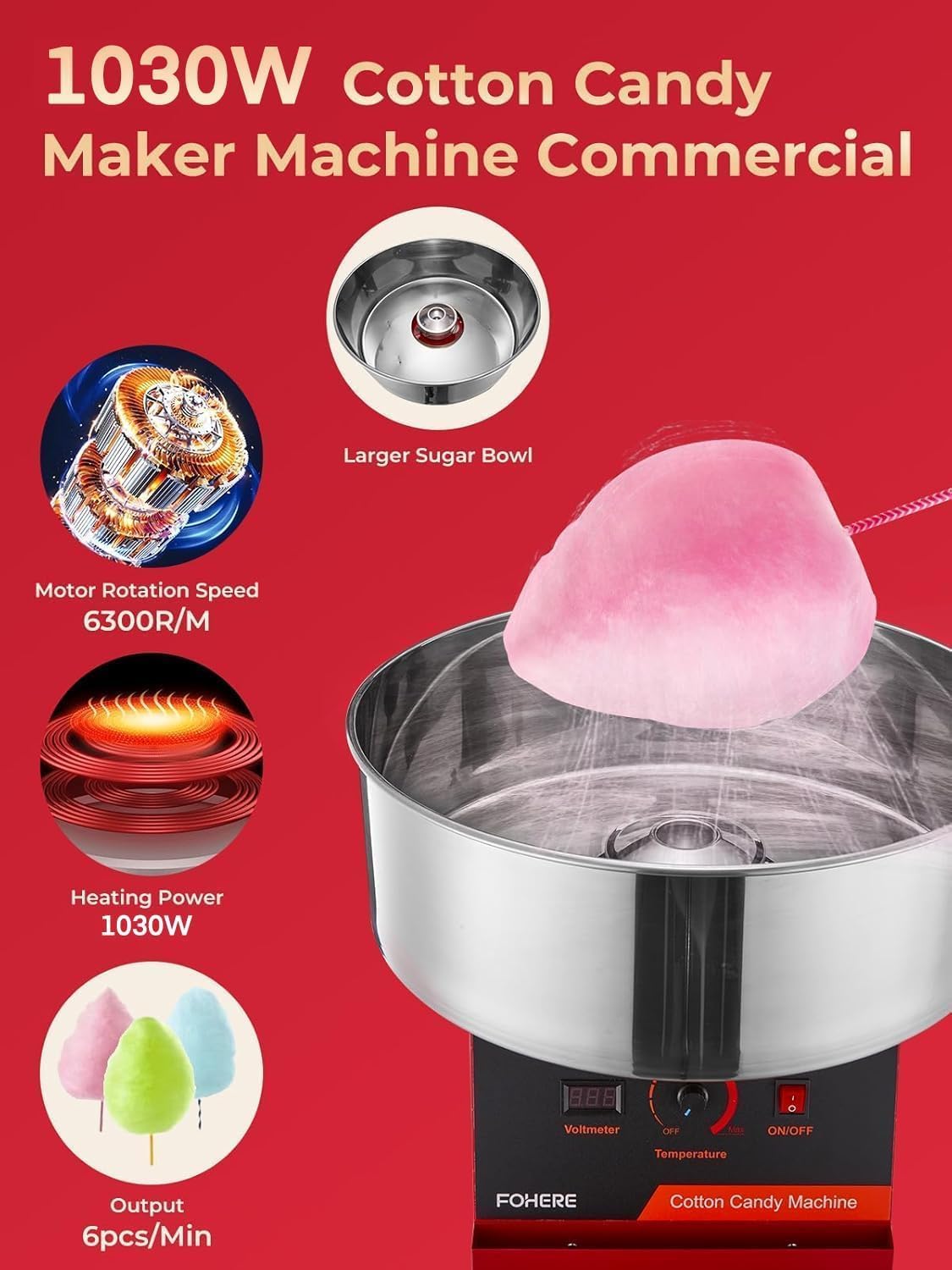 FOHERE 1030W Cotton Candy Machine, Electric Commercial Candy Floss Maker, 20 inch Stainless Steel Bowl,Easy Use for Home Kids Birthday, Family Party, Carnival