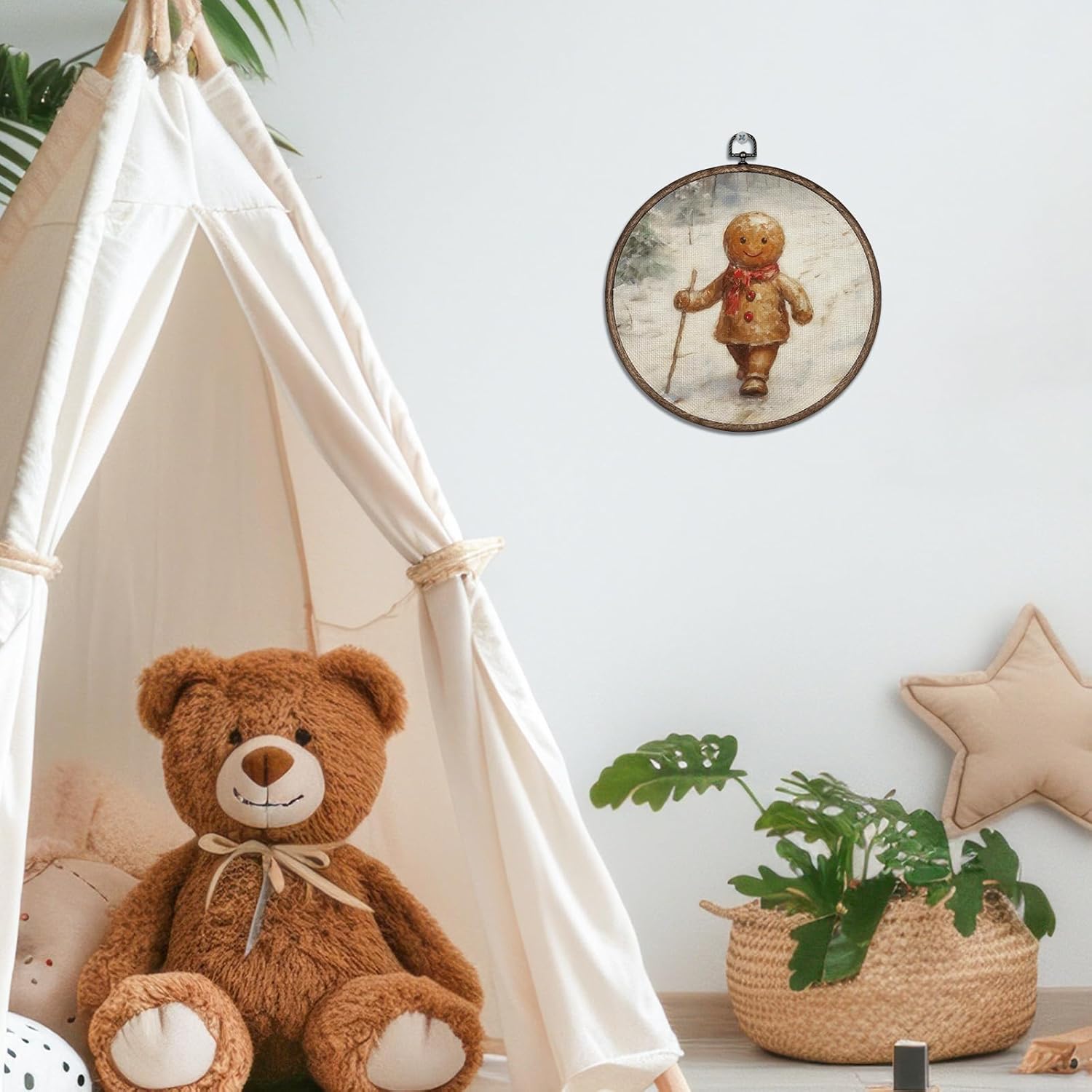 Giosve Winter Christmas Gingerbread Round Wall Art Canvas Framed Poster, Cozy Retro Winter Christmas Gingerbread Forest Hanging Wall Sculptures for Home Bedroom Living Room Decor, 10x10 Inch