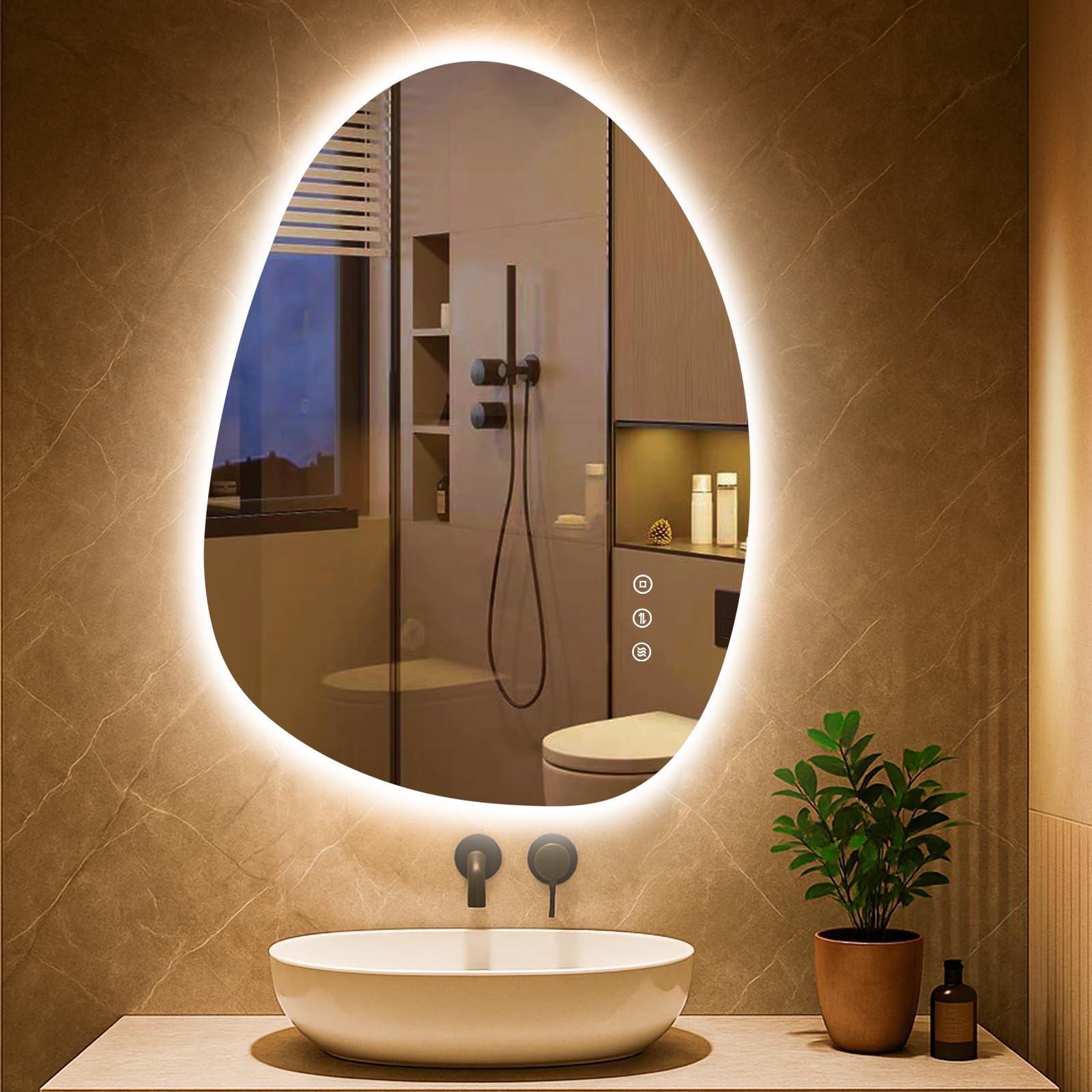 Miroir de salle de bain LED asymétrique avec éclairage 75 x 55 cm, anti-buée, 3 couleurs de lumière, réglable, avec éclairage, intensité variable, avec fonction mémoire, économie d'énergie