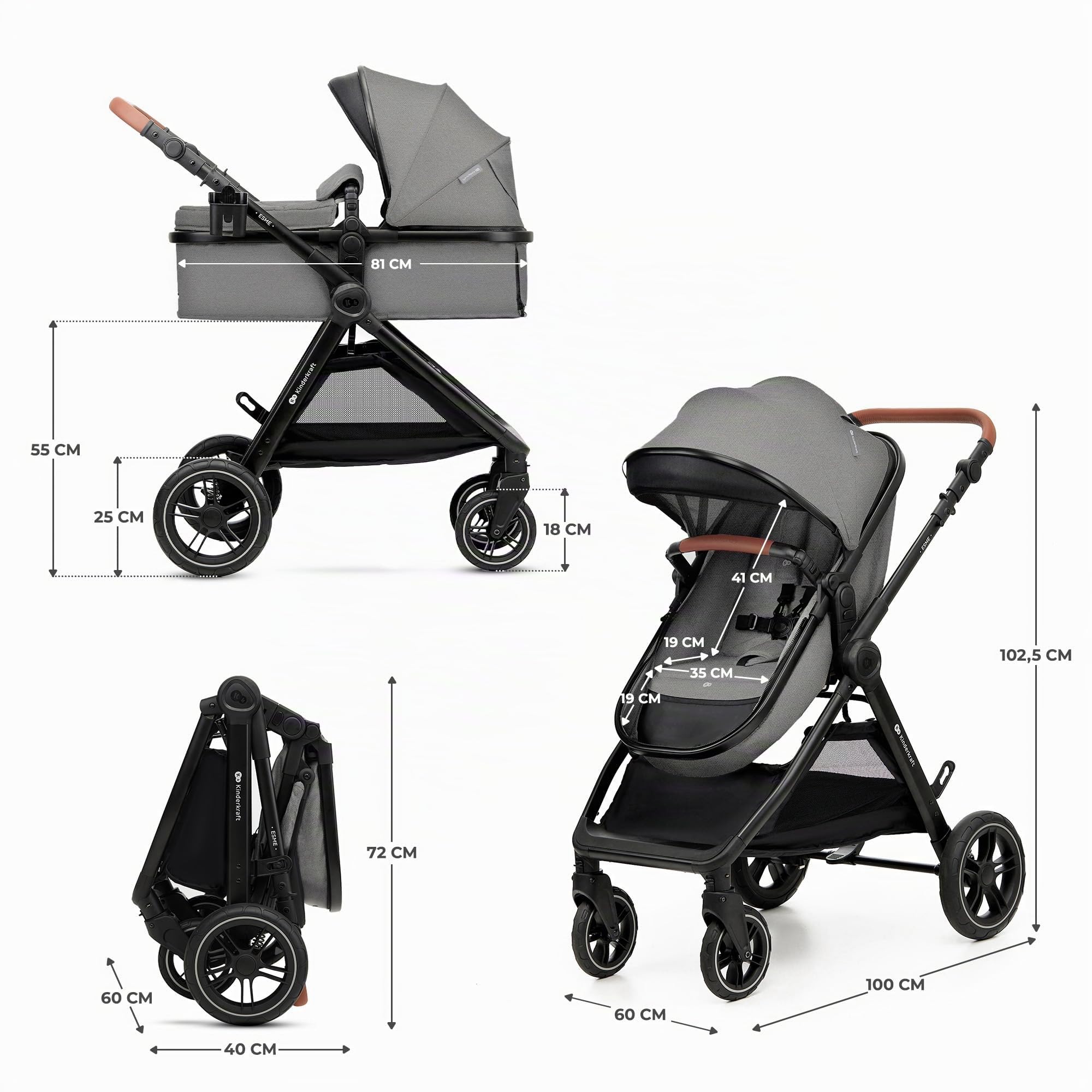 Kinderkraft ESME Kinderwagen 3 in 1 Komplettset bis 26 kg, Kombikinderwagen Reisesystem mit Babyschale I-size 40-75 cm, Zusammenklappen, Liegeposition, Grau