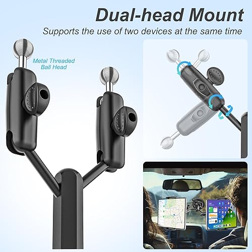 Miniatura 2 de Soporte para tableta de parabrisas de camión de doble cabezal, cabezal de bola de metal ajustable de rotación de 360, funda de grosor de ajuste