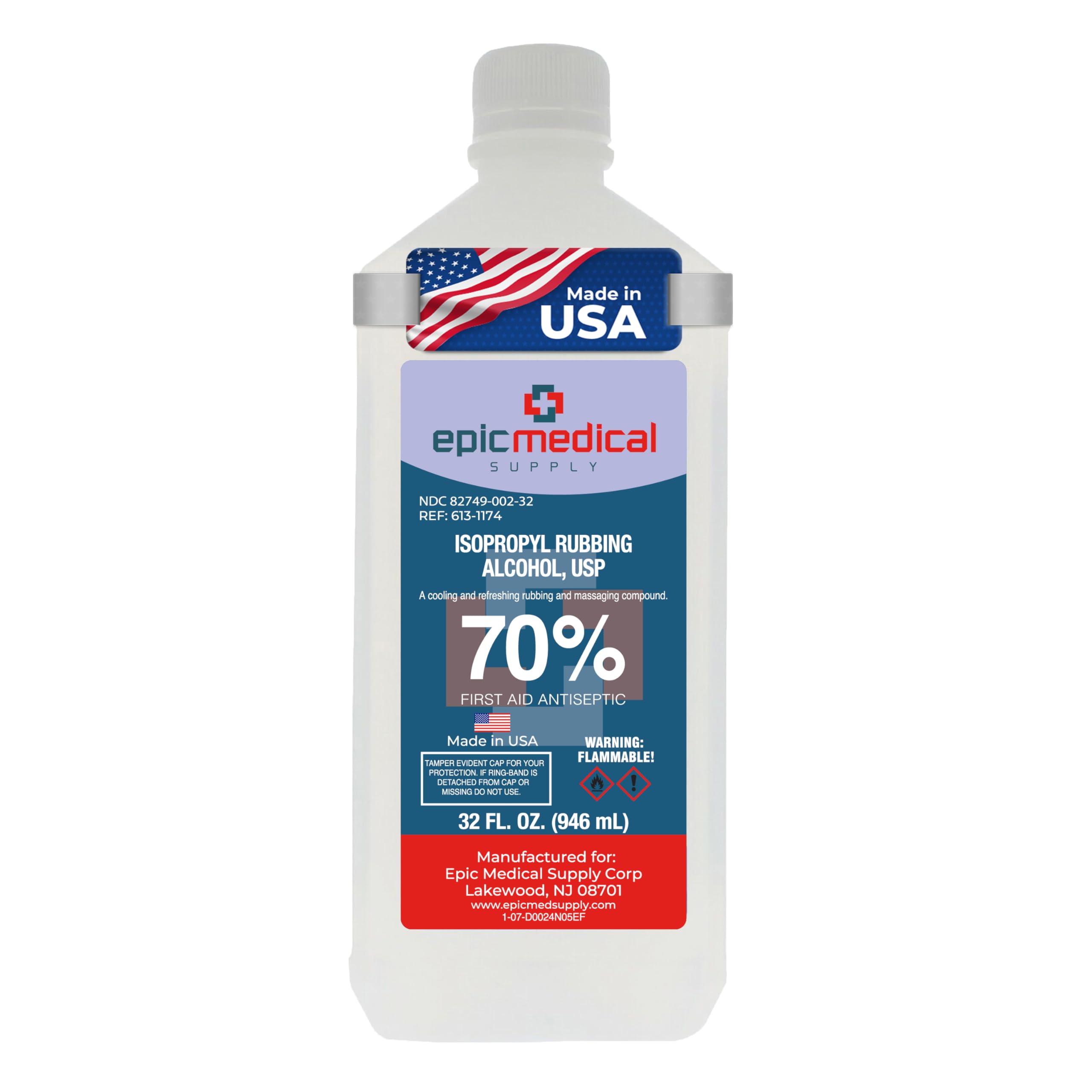 Epic Medical Supply Isopropyl Rubbing Alcohol 70% USP, 32 oz. Bottle, Multipurpose First Aid Antiseptic for Minor Wounds, Cuts, and Scrapes (32.00 Fl