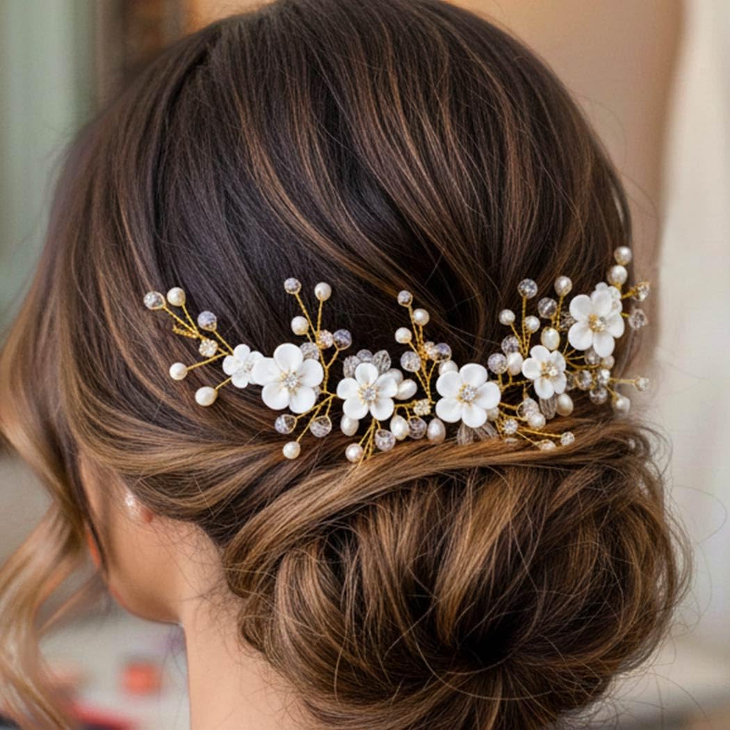 HEREAD Flower Bride Wedding Hair Vine Pearl Bridal Headband Rhinestones Hair Breath Accessories for Women and Girls (B Gold) - Image 3