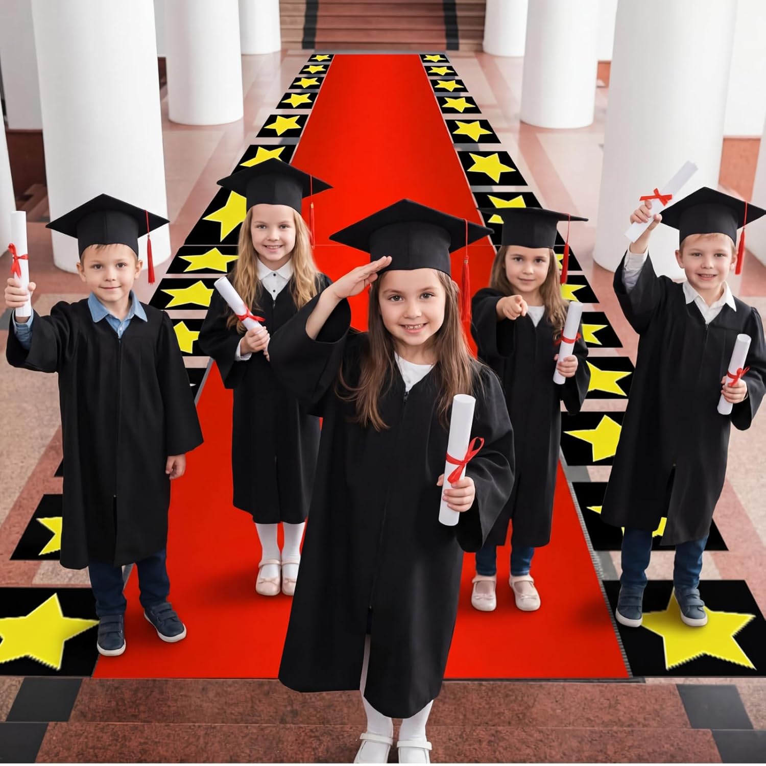 2.6 x 15 FT Kindergarten Graduation Red Carpet Runner for Party, 55 GSM Red Runner Rug Carpet with 30 Stars Shaped Cutouts 1 Tape and 1 Marker for Class of 2026 Preschool Graduations Ceremony Prom