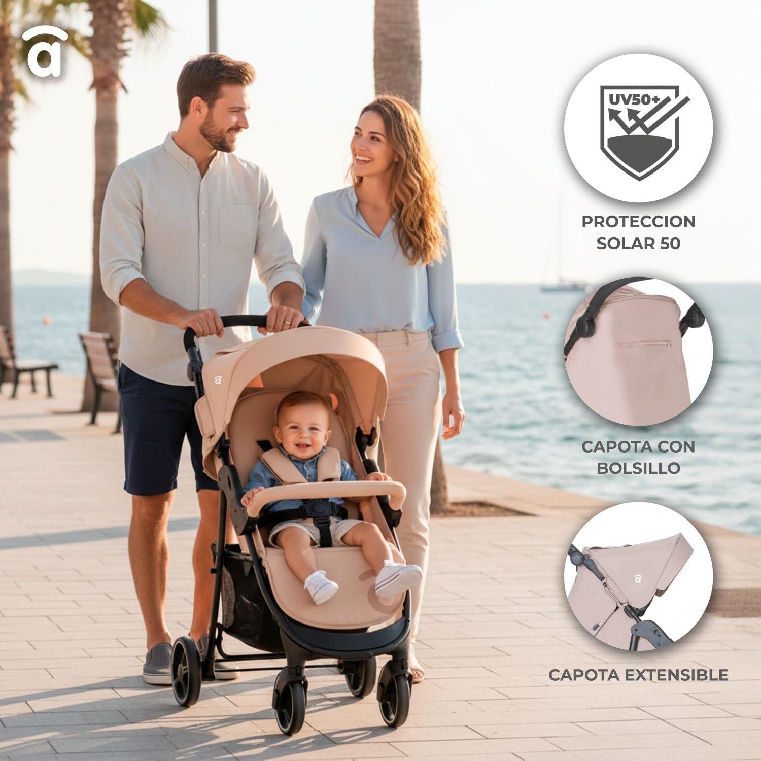 Asalvo AMÉRICA 3 Silla de Paseo, Carrito bebé, Carro para bebés, Confortable, Ultraligera, Segura, Capota con Ventana y Freno Trasero, Manejable, Plegado compacto, Carga Máxima 24 kg, Beige