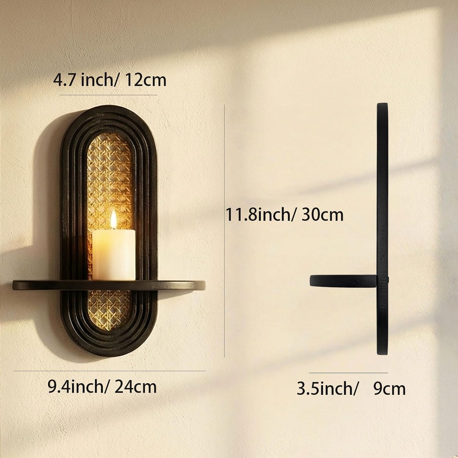 wall candle holder sconce, set of 2 wooden wall mounted candle holder with arched shelf and gold metal vine detail, decorative wall sconce for pillar candles, living room bedroom entryway decor black-2619