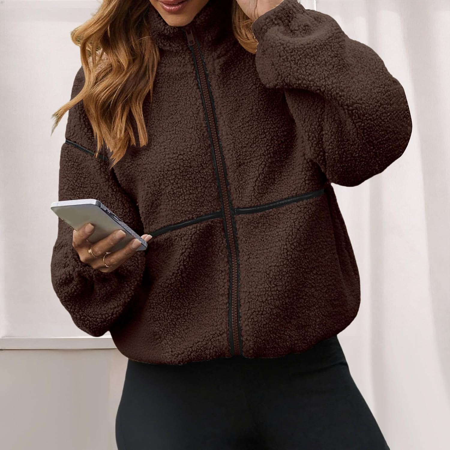 Womens Sherpa Fuzzy Fleece Jackets Casual Warm Winter Zip Up Long Sleeve Fluffy Coats 2025 Shaggy Outwear With Pockets