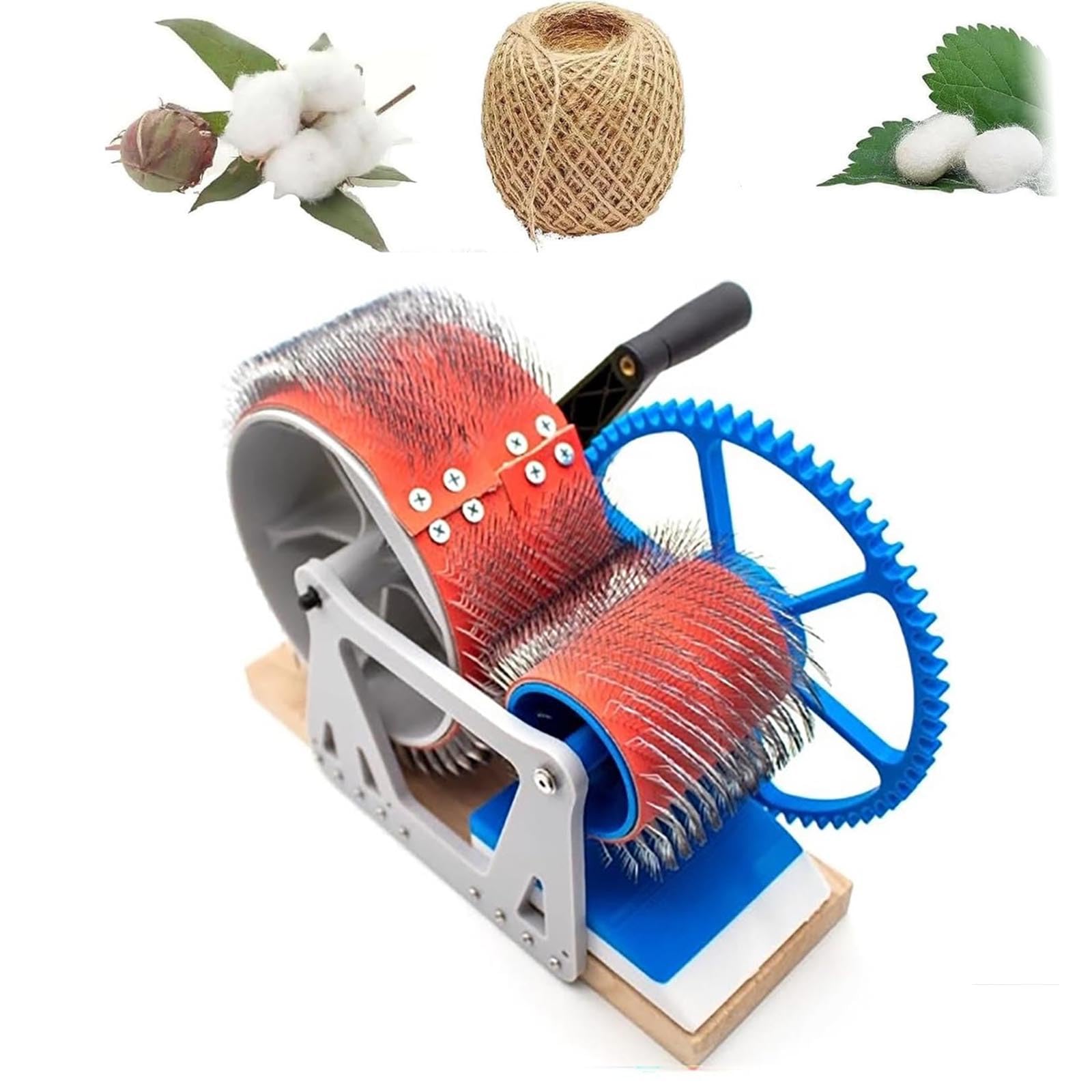 Cardadora de tambor de lana con manivela blanca y tabla de madera para mezcla manual