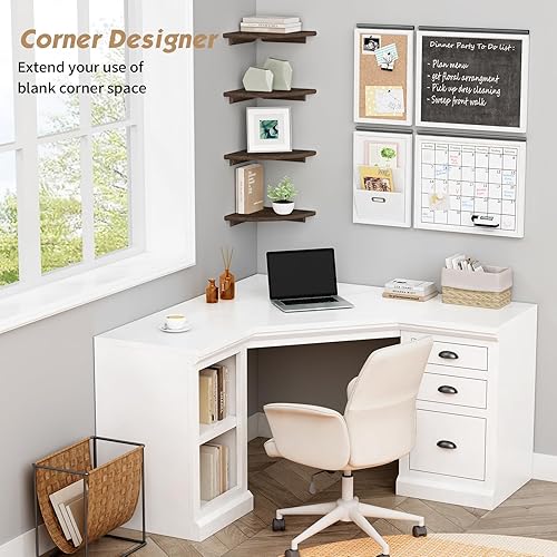 Miniatura 4 de Forbena Juego de 4 estantes de esquina flotantes para pared, estantería de esquina pequeña para libros de dormitorio, estante de esquina redondo de