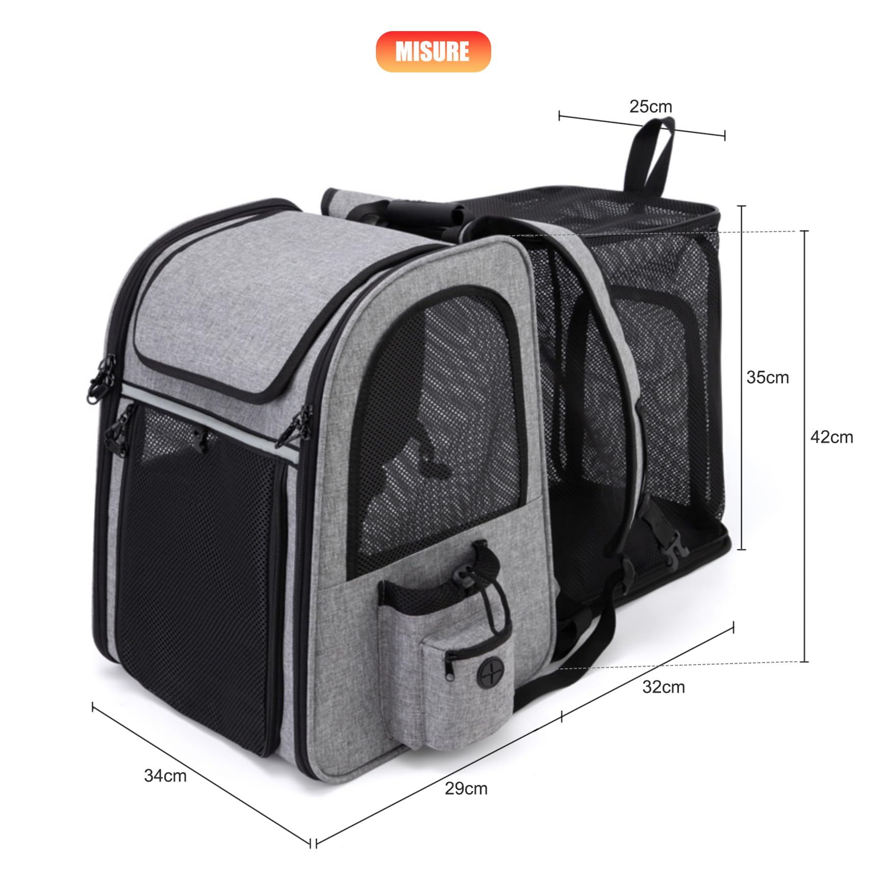 Zaino Trasportino Gatto Cane Estensibile Cuccia Portatile Grande Espandibile Borsa Porta Animali Pieghevole Traspirante per Cani Piccoli Cuccioli Gatti Medi Fino a 8kg Km15 (Grigio)