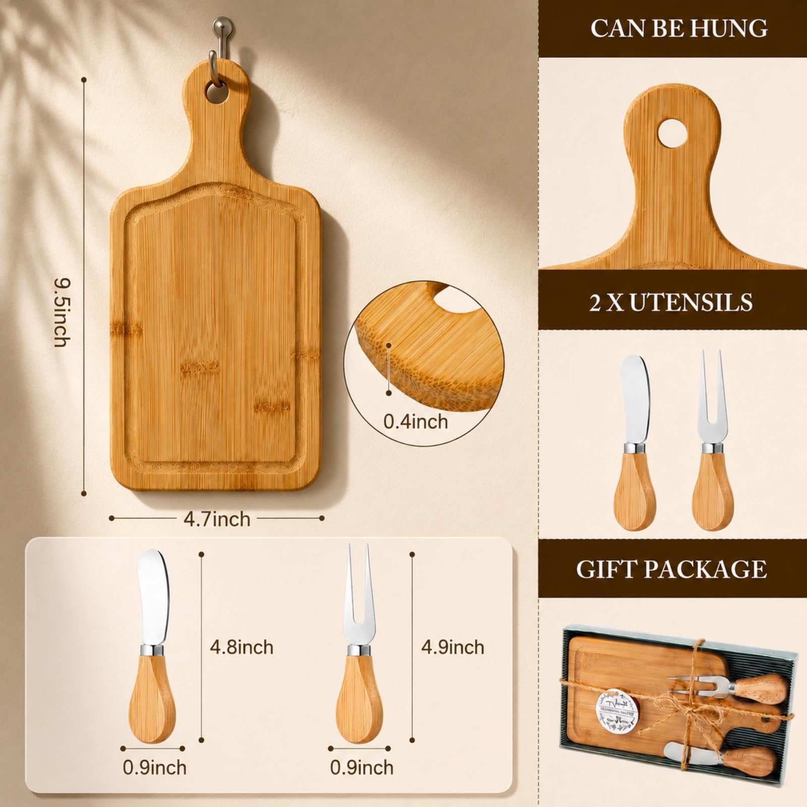 Ziliny Set di 2 taglieri quadrati in legno per formaggi, set regalo con coltelli, forchette e etichette di ringraziamento con scatola per gli ospiti per San Valentino, addio al nubilato, baby shower,