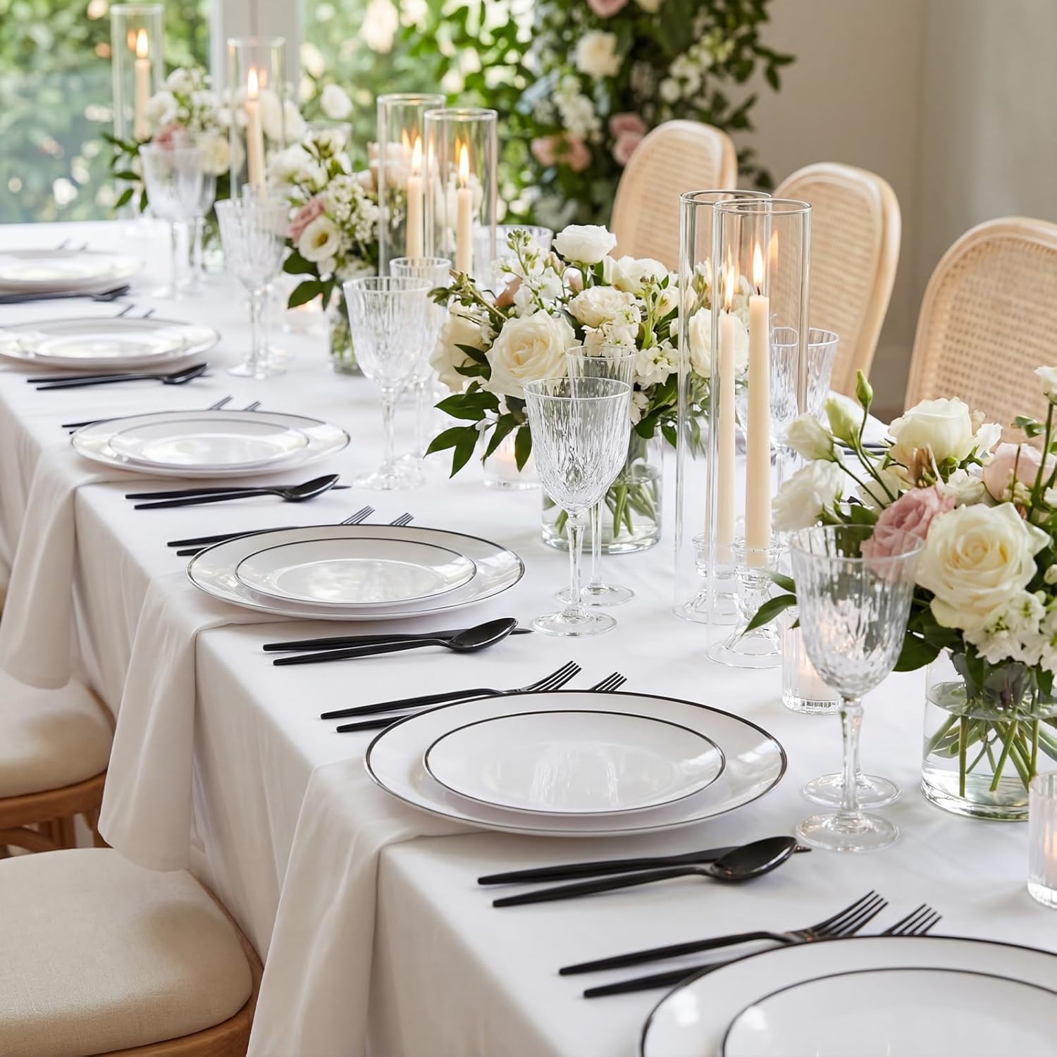 EI 180pcs White Plastic Dinnerware Set Include Black Disposable Silverware,Dinner and Dessert Plates,Cups,White Plastic Plates with Black Rim Perfect for Wedding,Birthday,Partys,Business Events,Hotel