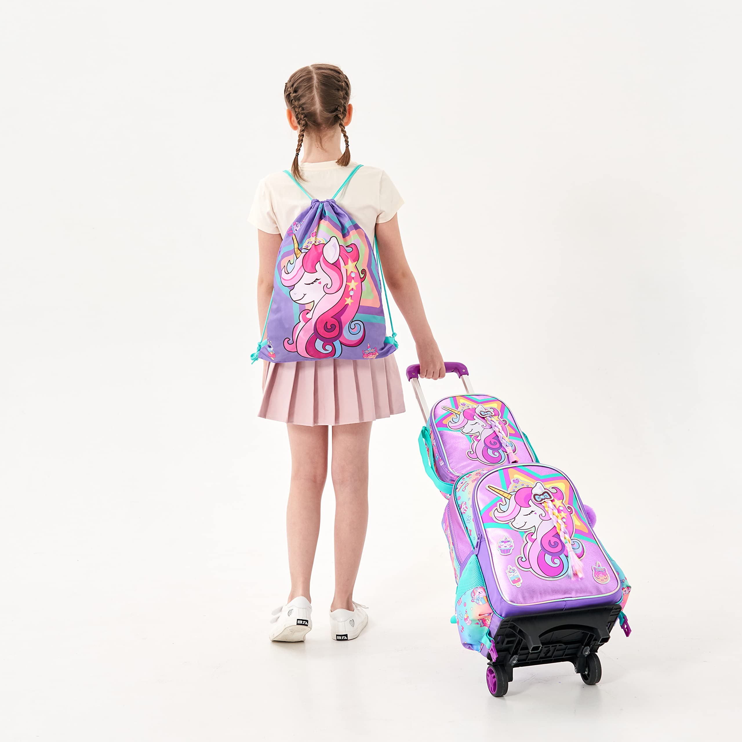 Meetbelify Niñas Unicornio Ruedas Mochila Mochilas Niños Equipaje para Primaria Preescolar Estudiantes Lindo Maleta Trolley Viaje Mochila con Ruedas con Fiambrera para Gi
