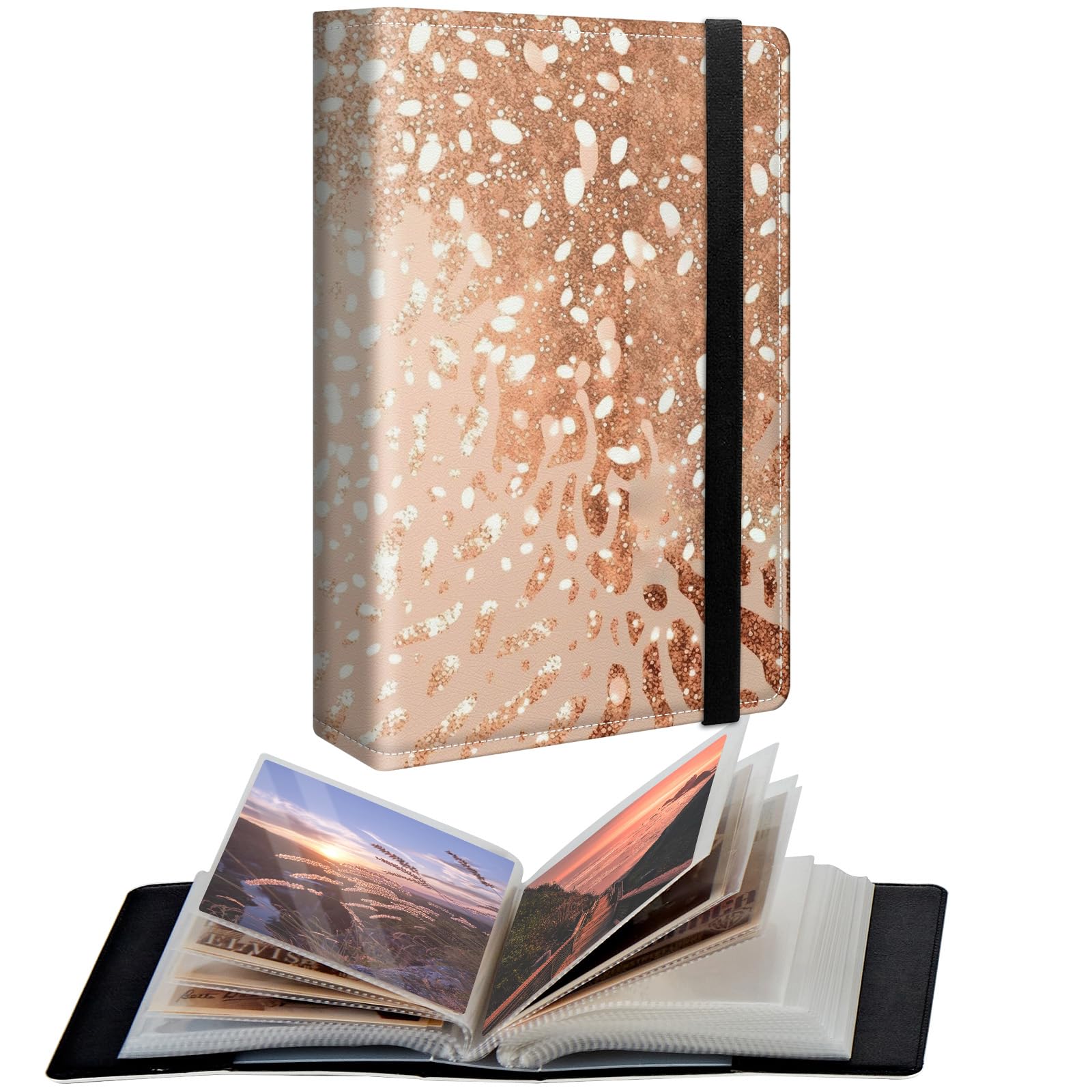 CGFGHHUY Small Photo Album 4x6 inch PU Leather Cover Photo Albums with 120 Photos Transparent Inner Pockets and Elastic Band Cute Photo Albums for Family Anniversary Wedding - Golden Leopard Print