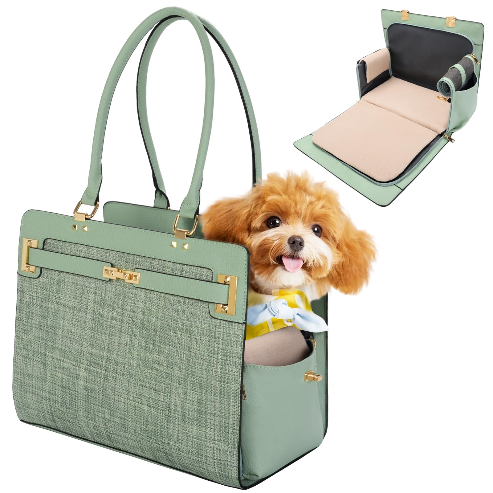 2-in-1 Stylish Dog Purse Carrier Soft-Sided Carriers Travel Tote Bag for Small Dogs Cats, Fashion Foldable Pet Bag for Puppies Small Animals with Pockets (Green, 15" L x 7.5" W x 12.2" H) — image 1