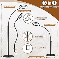 Vista 6 de Lupa 10X con luz y soporte, lámpara de pie flexible de cuello de cisne de 24 pulgadas, LED 3 en 1, 5 modos de color, lupa iluminada regulable sin