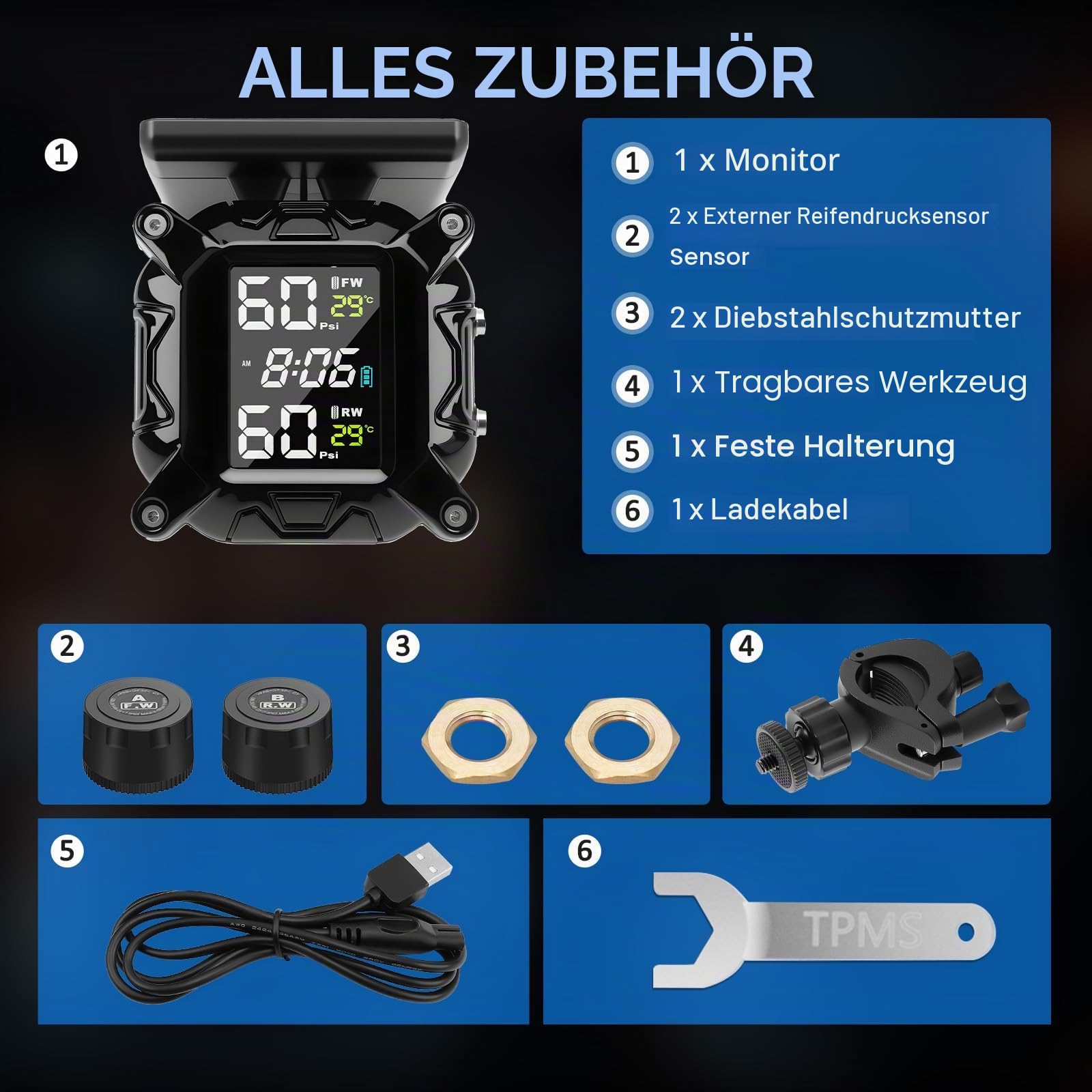 TPMS Motorrad Reifendruckkontrollsystem, Wasserdicht Magnetische/Solar Aufladung, mit 2 Externen Sensoren, für Motorräder, Bike, ATV und Zweirädriges
