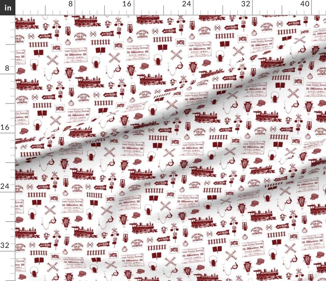 Spoonflower Fabric - Maroon Railroad Small Train Steam Masculine Printed on Petal Signature Cotton Fabric by The Yard - Sewing Quilting Apparel Crafts Decor