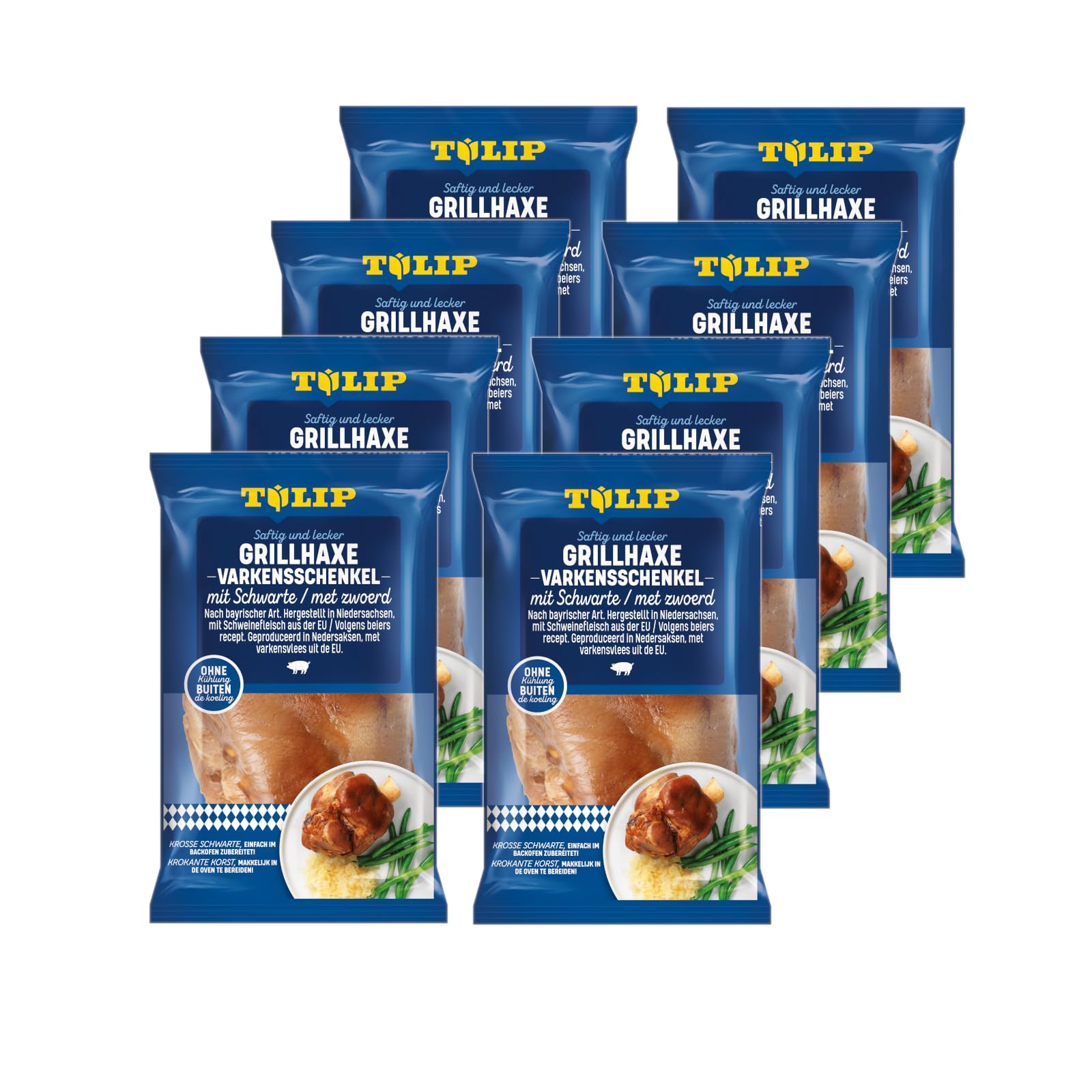 8x TULIP 600 g Grill-Haxe mit Schwarte | Tafelfertig Kross Gegart Vakuumverpackt | Schweinshaxe einfach im Backofen zubereitet in ca. 30-40 Minuten | Ohne Kühlung