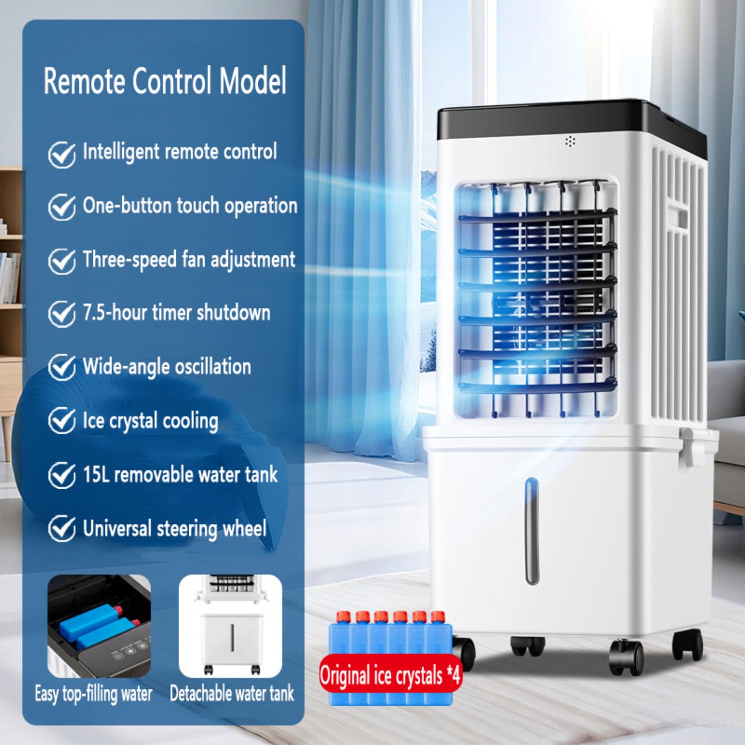 Condizionatore portatile umidificatore ventilatore raffreddante, serbatoio 15L, 3 modalità & velocità, oscillazione 90°, timer 7.5H, telecomando, raffrescatore evaporativo silenzioso casa ufficio