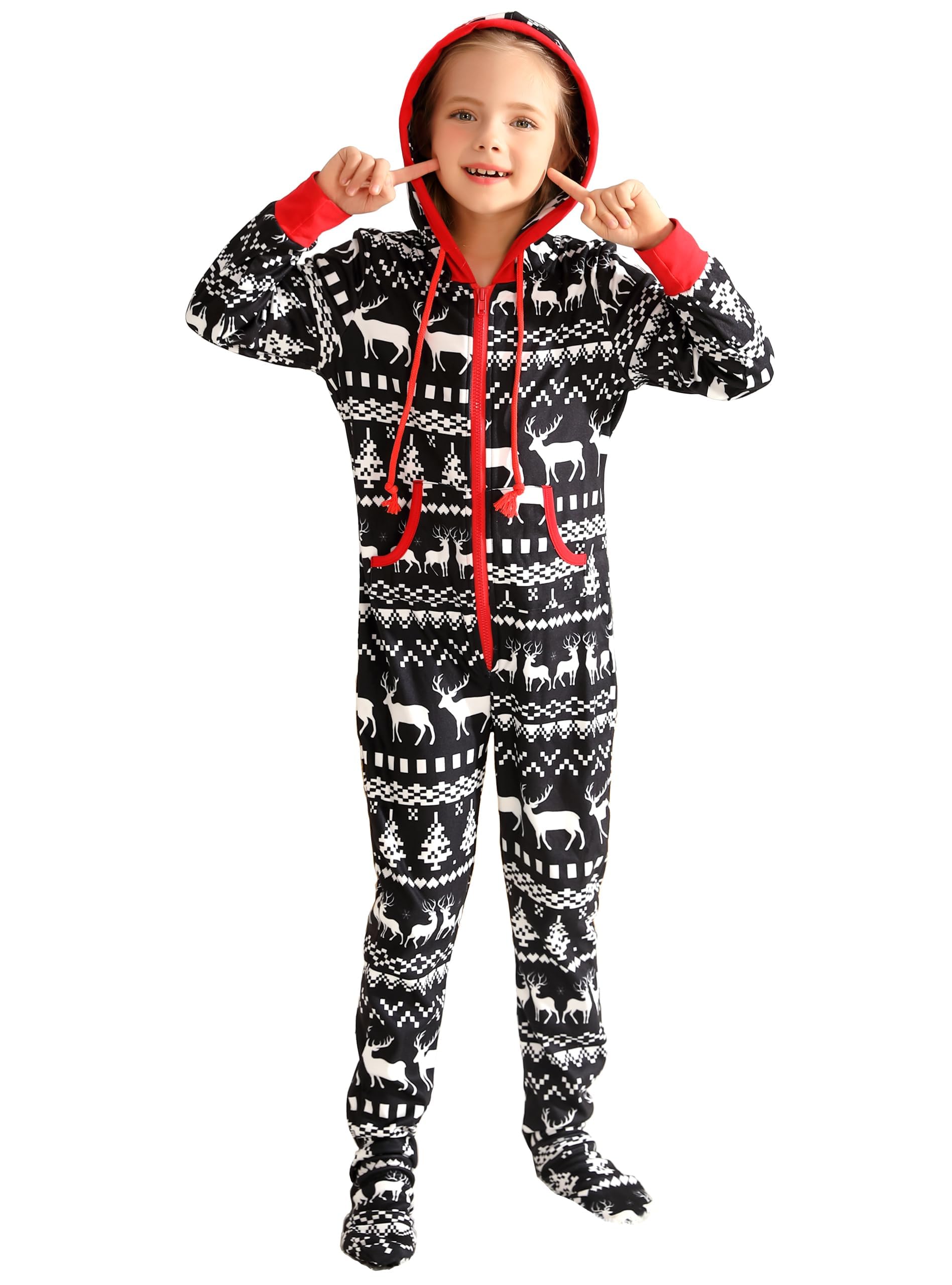 Veseacky Family Christmas Pajamas Matching Sets Adult Onesie Zipper Hooded Footed One-Piece Pjs Jumpsuits