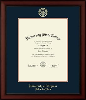 University of Virginia School of Law 17" w x 22" h Diploma Frame - Fits a bachelor's, master's and phd - Gold Embossed Diploma Frame - Cherry Moulding with Navy and Orange Matting