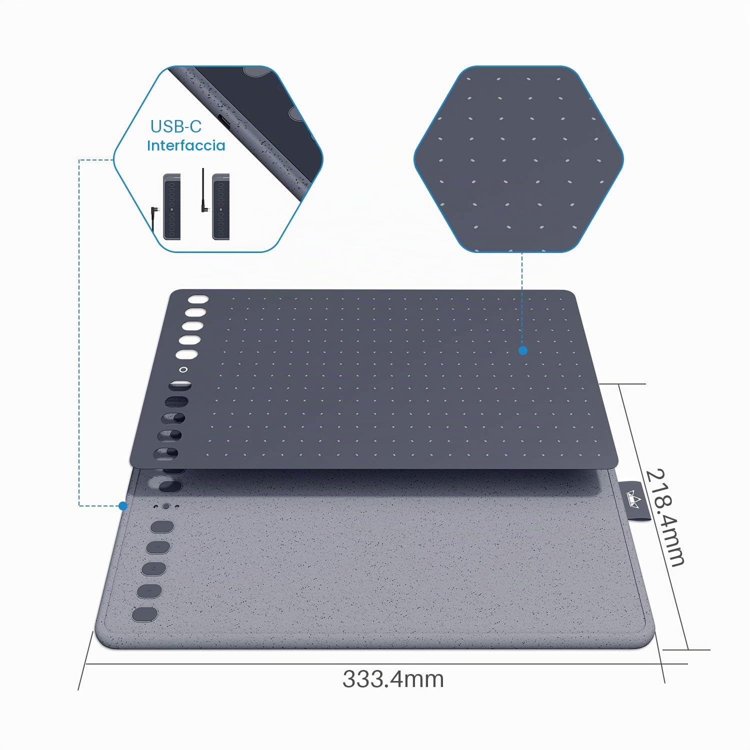 HUION Nuovo HS611 (Grigio) Tavoletta Grafica Professionali, Penna Digitale PW500 senza Batteria, Dotata di Pulsanti Touch Multimediali (Volume Regolabile, Riproduzione di Musica)