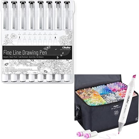 OHUHU Markers 320 Colors Fineliner Pens with 8 Sizes