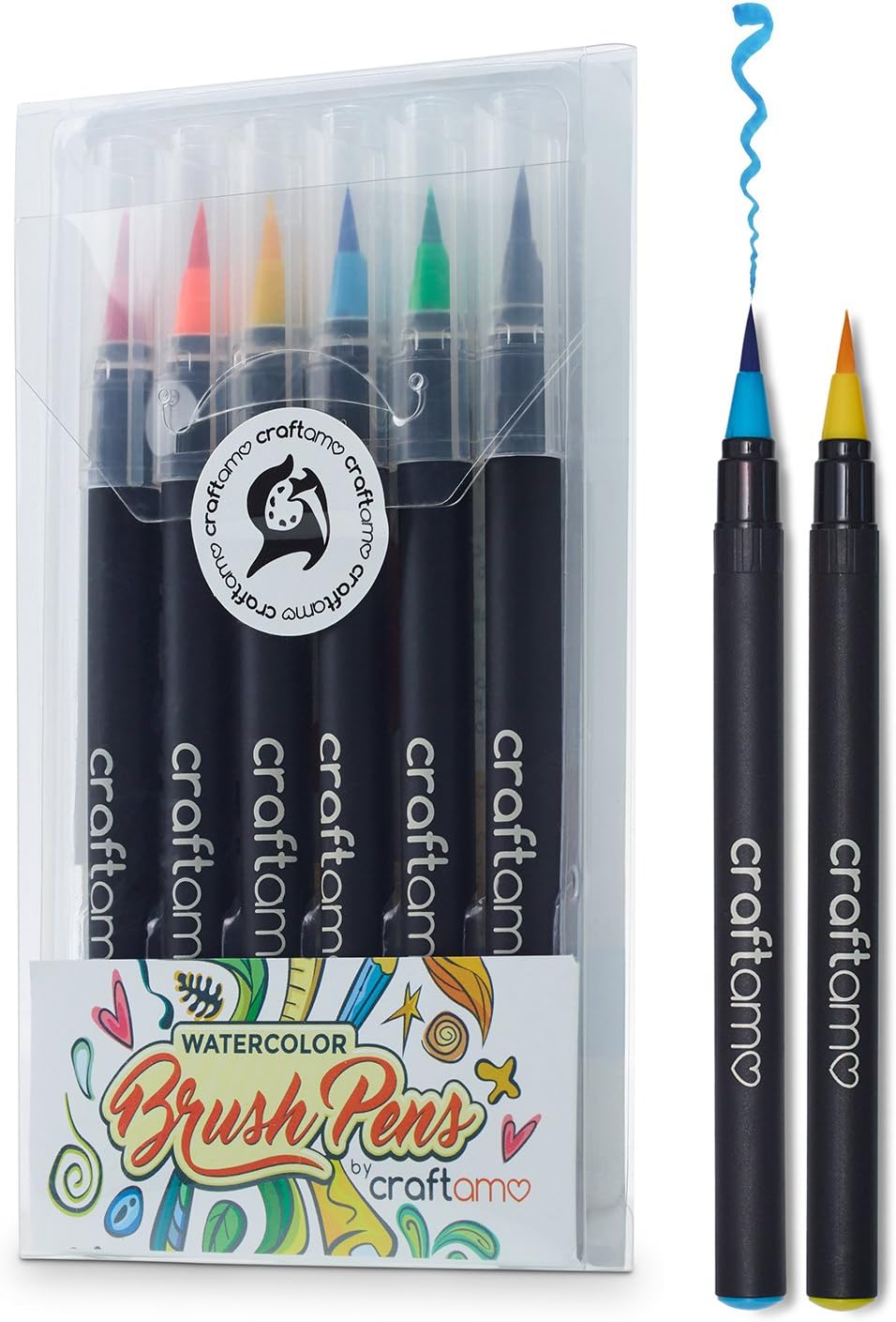 Craftamo Watercolor Brush Pens for Lettering, Painting, Coloring, Crafting & Calligraphy - 6 Premium Soft & Flexible, Real Brush Tipped Journaling Pens