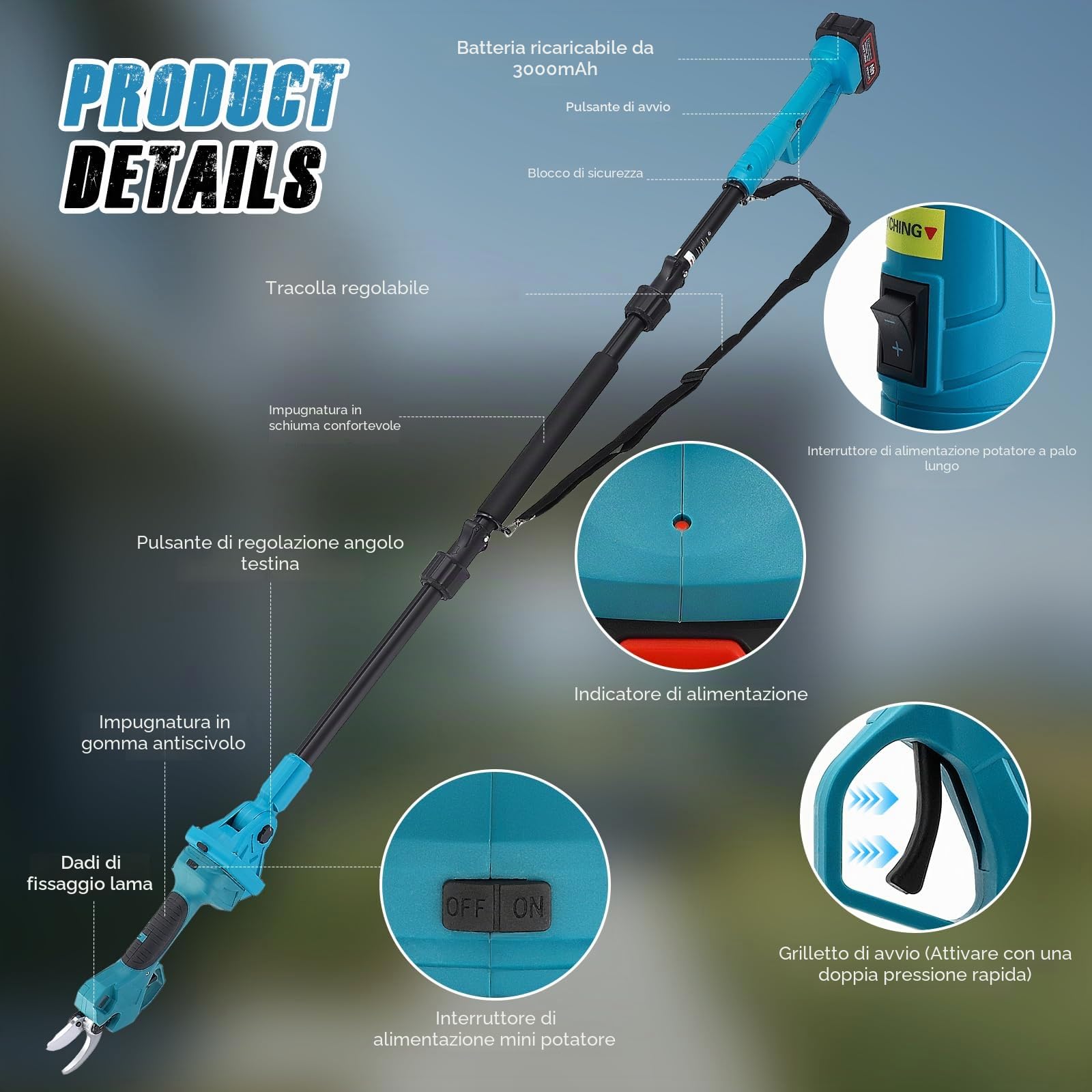 Forbici Potatura a Batteria con Asta,Con asta telescopica da 233 cm Due batterie da 3000 mAh Lama in Acciaio al Carbonio SK5 per Rami Alberi Giardini Electric Pruning shears