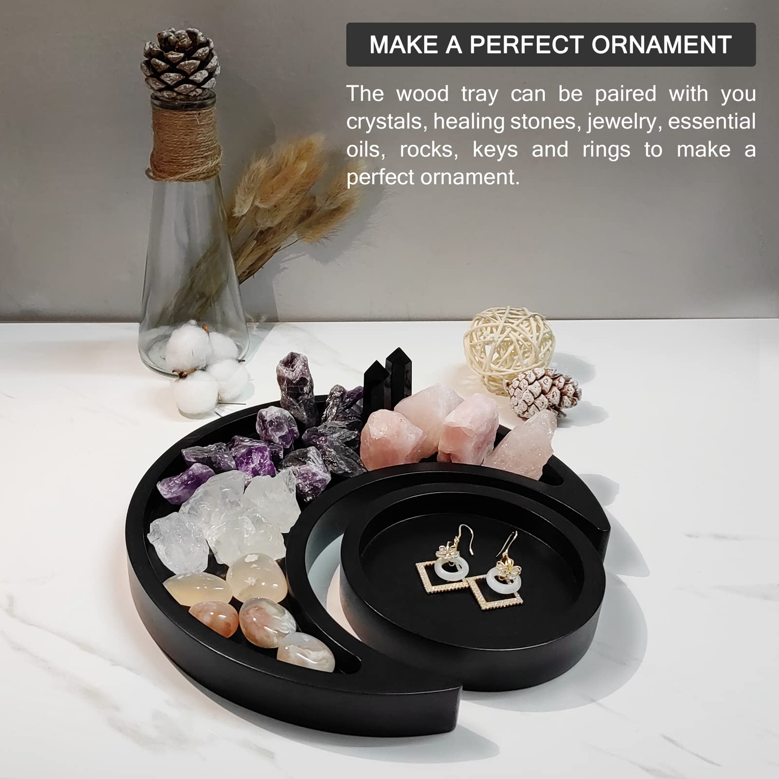 DRELIFAM Moon Tray Wood Crystal Holder For Healing Stones Crystal Storage And Organizer Crescent Bowl Witchy Essential Oil Holder