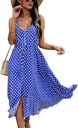 BROVAVE Women's 2023 Summer Casual Boho Sundress Polka Dot Spaghetti Strap V Neck Flowy Midi Dresses