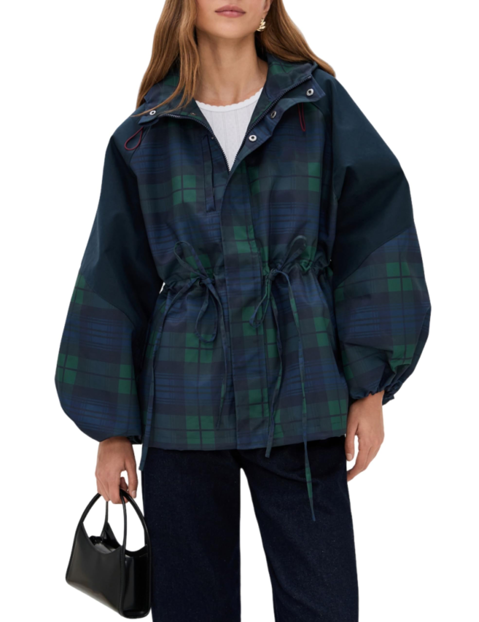HALO RAIN Womens Plaid Raincoat Casual Showerproof Rain Jacket Windbreaker with Hood Outdoor