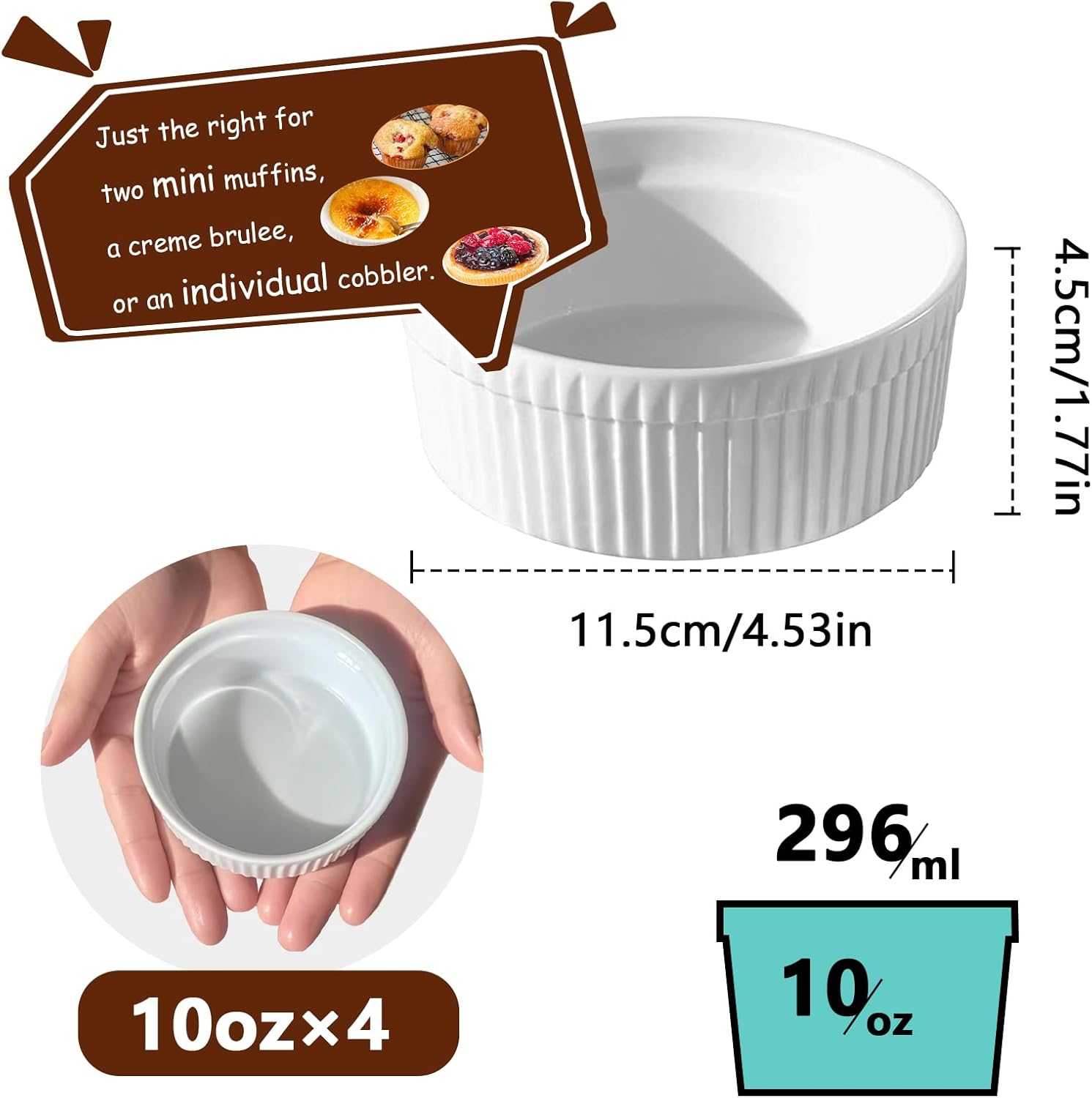 Cinf White 10 oz Set of 4 Souffle Dishes Ramekins Oven Microwave Safe Bowls Creme Brulee Sauce Cups for Baking Cooking Porcelain Individual Serving Size for Desserts