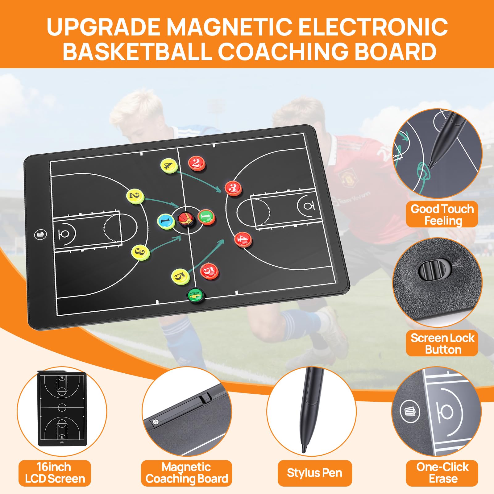 Tableau noir tactique LCD de 16 pouces pour basket-ball Carte électronique mise à jour Pad magnétique tactique avec cadre en ABS écologique, imperméable, résistant aux chutes avec stylo de basket-ball