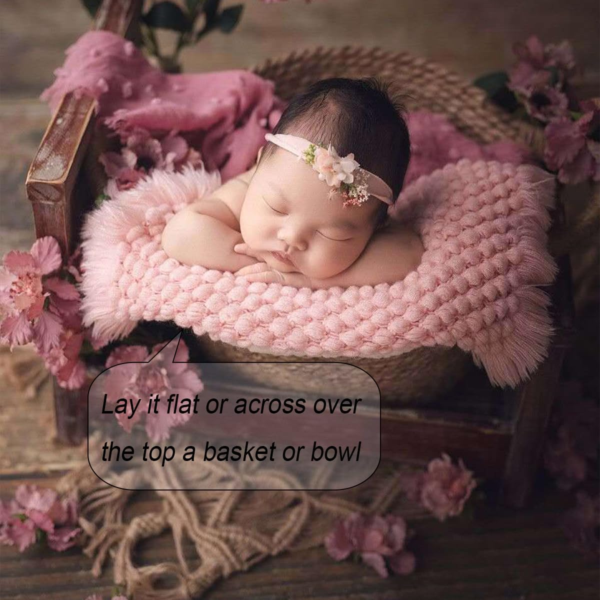 Zeroest Baby Photography Props Basket Braid Wool Wrap Newborn Photo Shoot Baskets Filler Posing Stuffer Background Blanket (Pink)