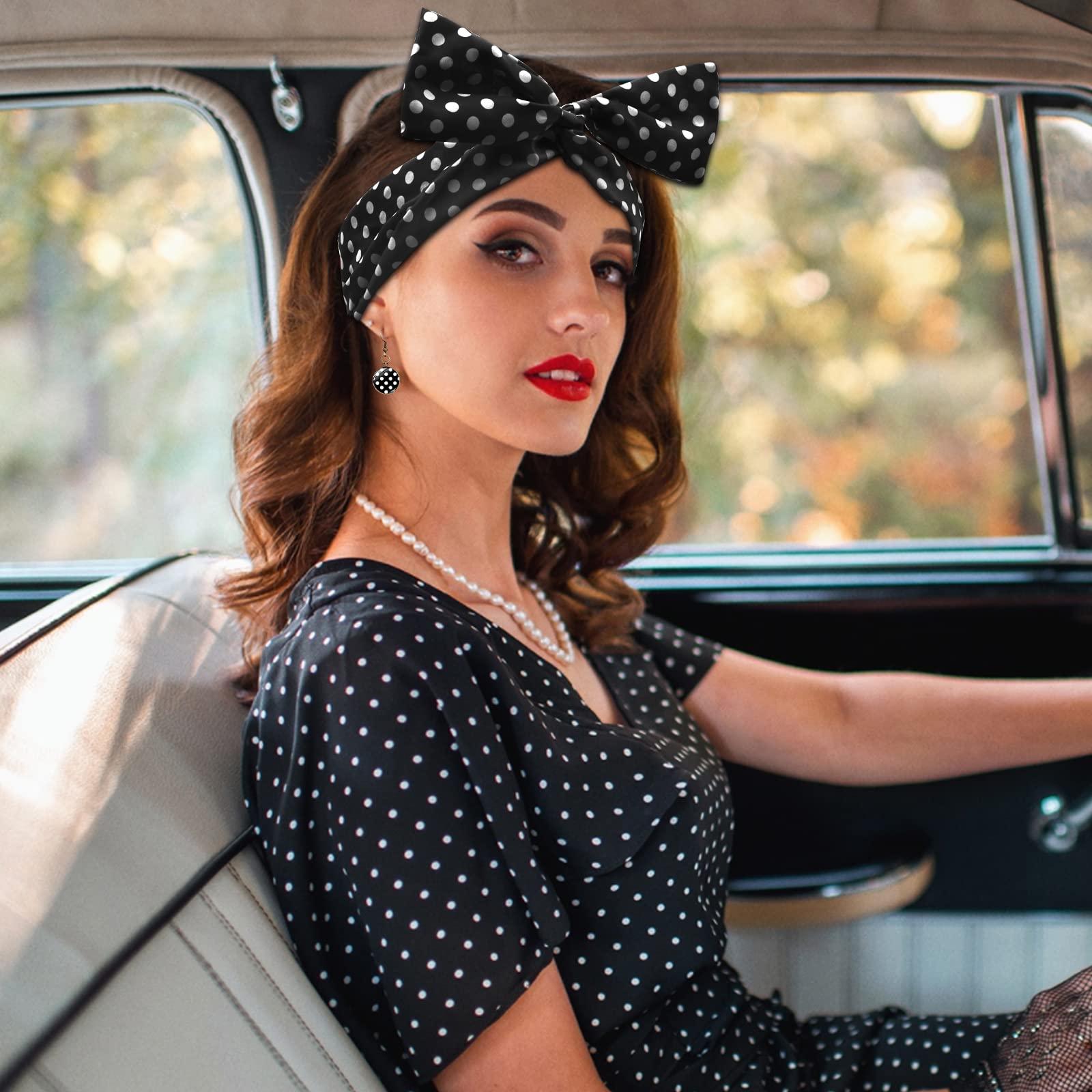 VEGCOO 6 Teiliges Rockabilly Accessoires Damen,50er Jahre Kostüm Damen Vintage Kleidungszubehör einschließlich Stirnband Handschuhe Brillen Requisiten Set