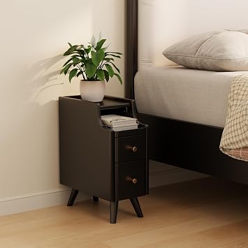 AQIMUELE Small Nightstand with Drawers, Solid Wood Narrow Bedside Table, Narrow Nightstand for Bedroom