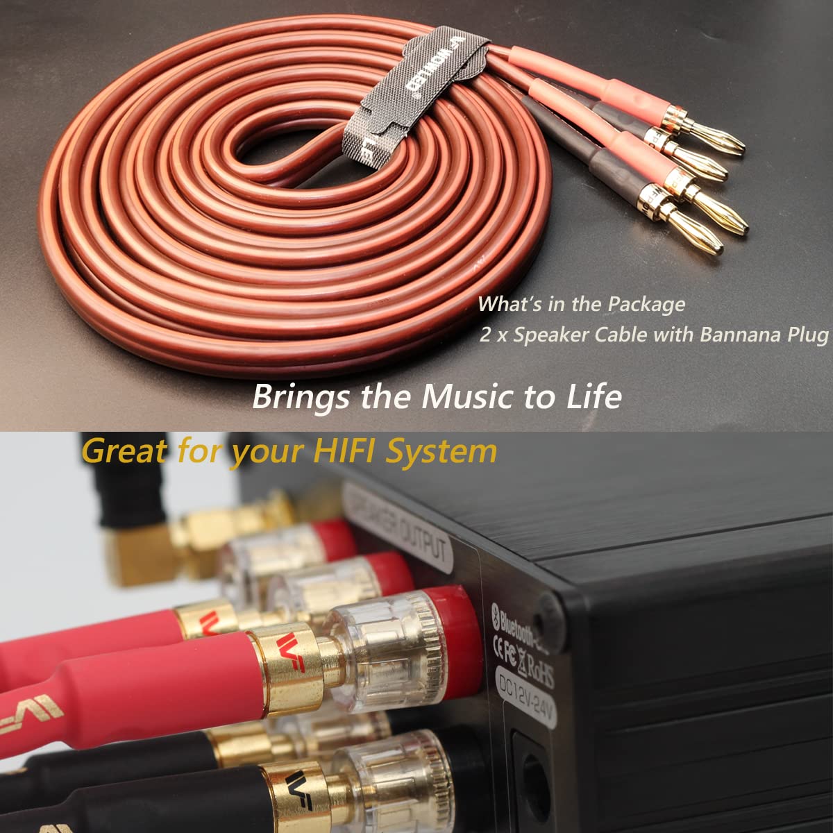 UCINNOVATE 2 cavi per altoparlante audiofilo, 2 x 4 m di fascia alta in puro rame HiFi OFC con spina a banana dorata, 4 m 600 fili 14 AWG cavo audio per altoparlante HiFi Home Theater 13,12 FT
