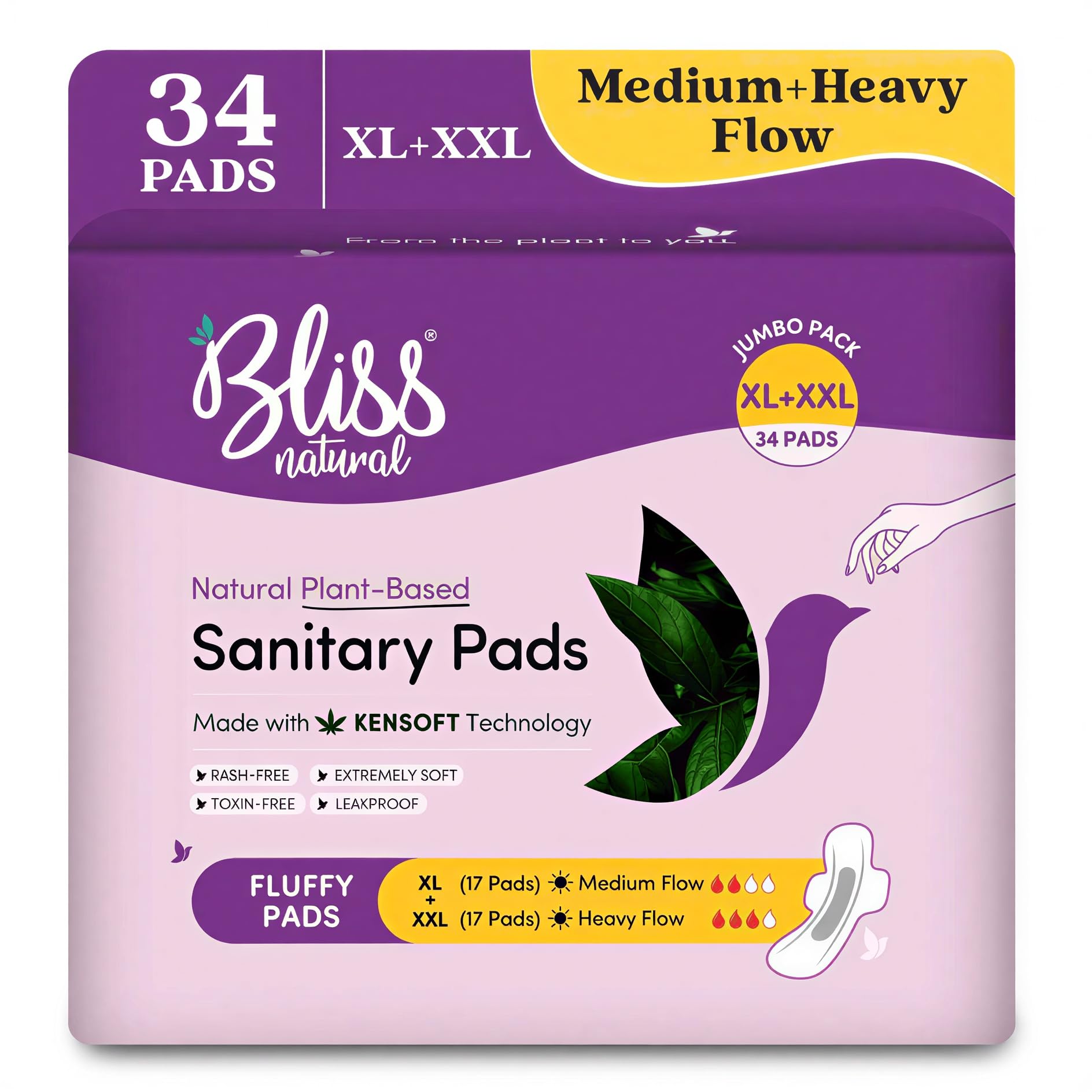 BLISSNATURAL Bliss Natural Rash-Free Sanitary Pads For Women | Organic Cotton Sanitary Pads | Jumbo Mix pack | Size - XL,XXL | Pack Of 32 Pads | We Are Certified
