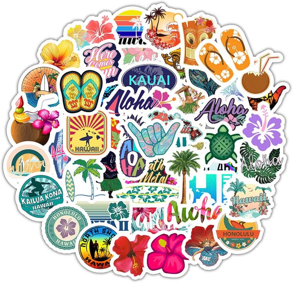 Stickers for Water Bottles, VSCO Stickers for Phone Travel Skateboard, Laptop Stickers for Teens Girls Kids (50pcs Hawaii)