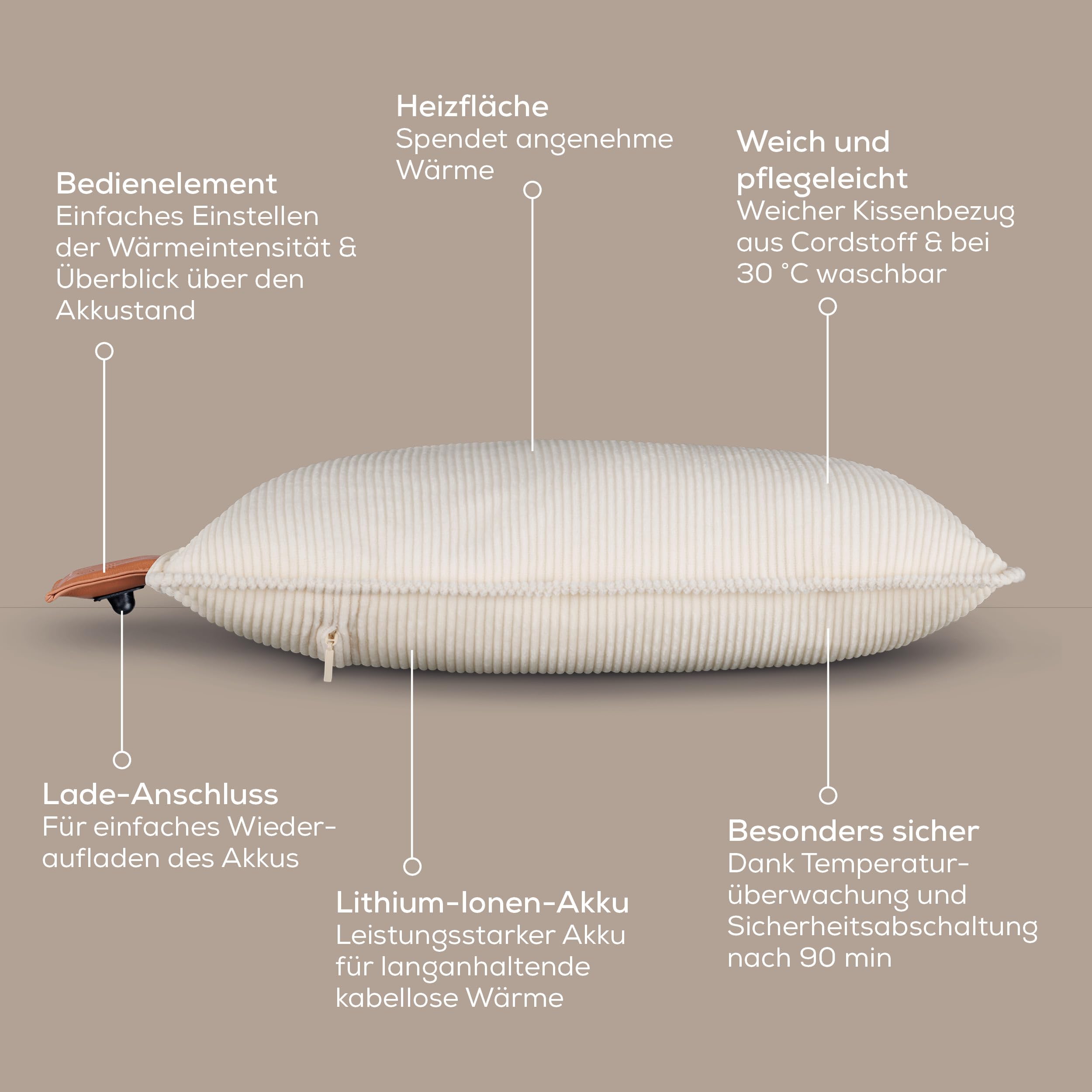 Beurer Heaty Heizkissen, kabelloses Heizkissen mit Akku, Wärmekissen mit Abschaltautomatik und 3 Temperaturstufen, mit Schnellheizung, weicher Cordstoff, cashmere-creme/weiß