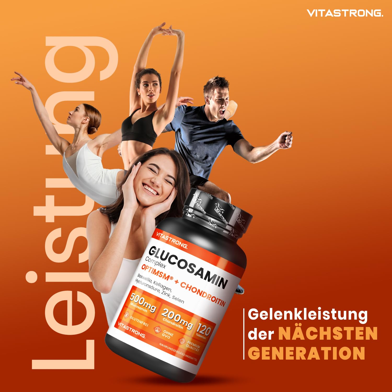 Vitastrong Glucosamin Chondroitin MSM Komplex mit Kollagen, Hyaluronsäure, Zink, Selen, Mangan & Boswellia, 120 Tabletten, Premium Gelenk, Knochen- & Knorpel-Formel, Glutenfrei & Ohne Gentechnik