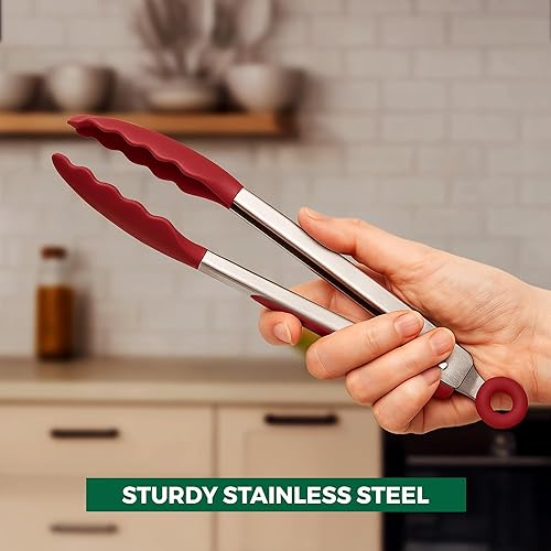 Miniatura 5 de Freshware Pinzas de cocina de acero inoxidable para cocinar con puntas de silicona, pinzas de silicona para asar a la parrilla, servir alimentos y