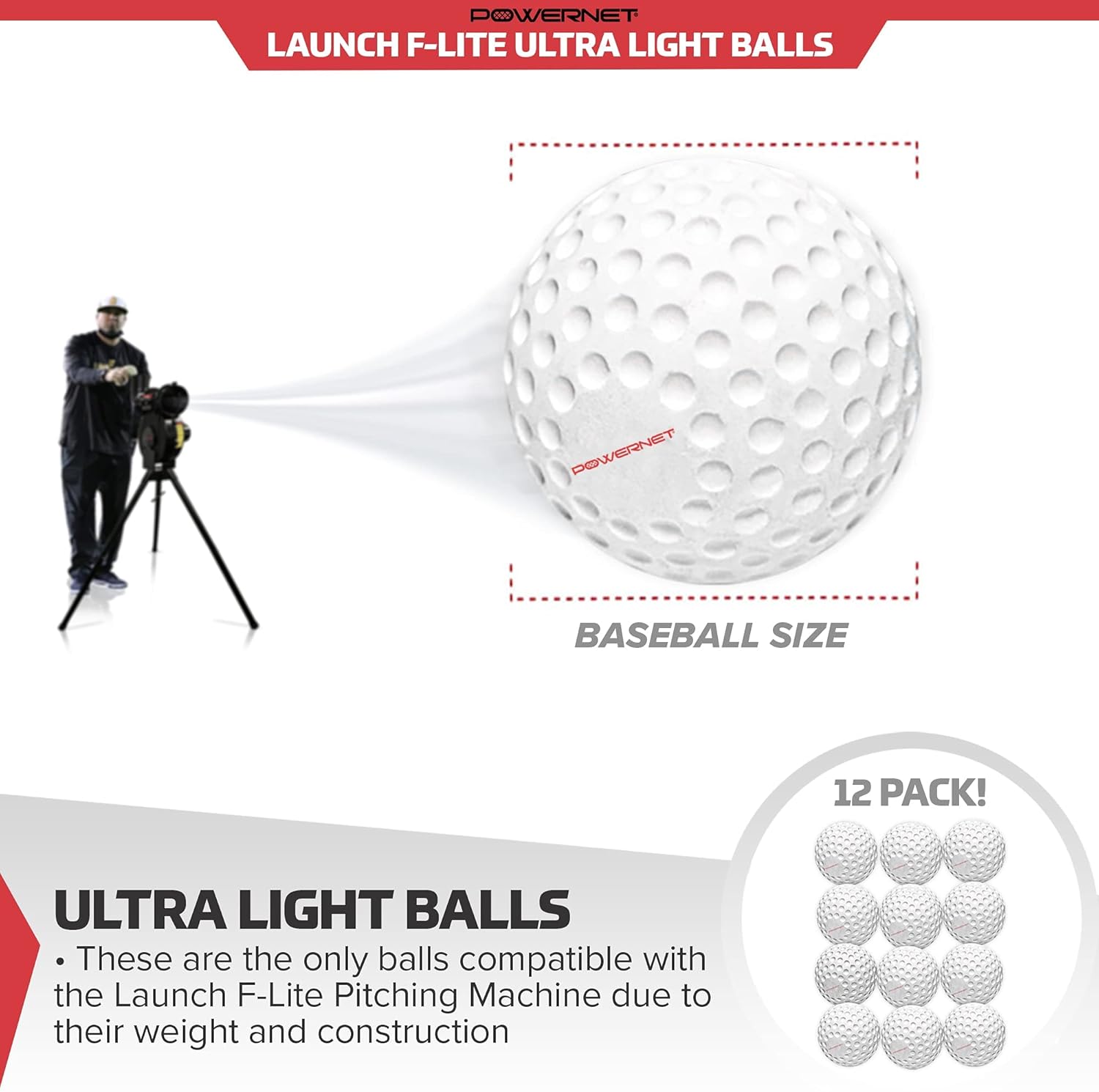 PowerNet Launch F-lite Ultra Light Dimpled Practice Balls for Pitching Machine | One Dozen Softball Size (F-lite Baseballs Only - 1 Dozen) : Sports & Outdoors
