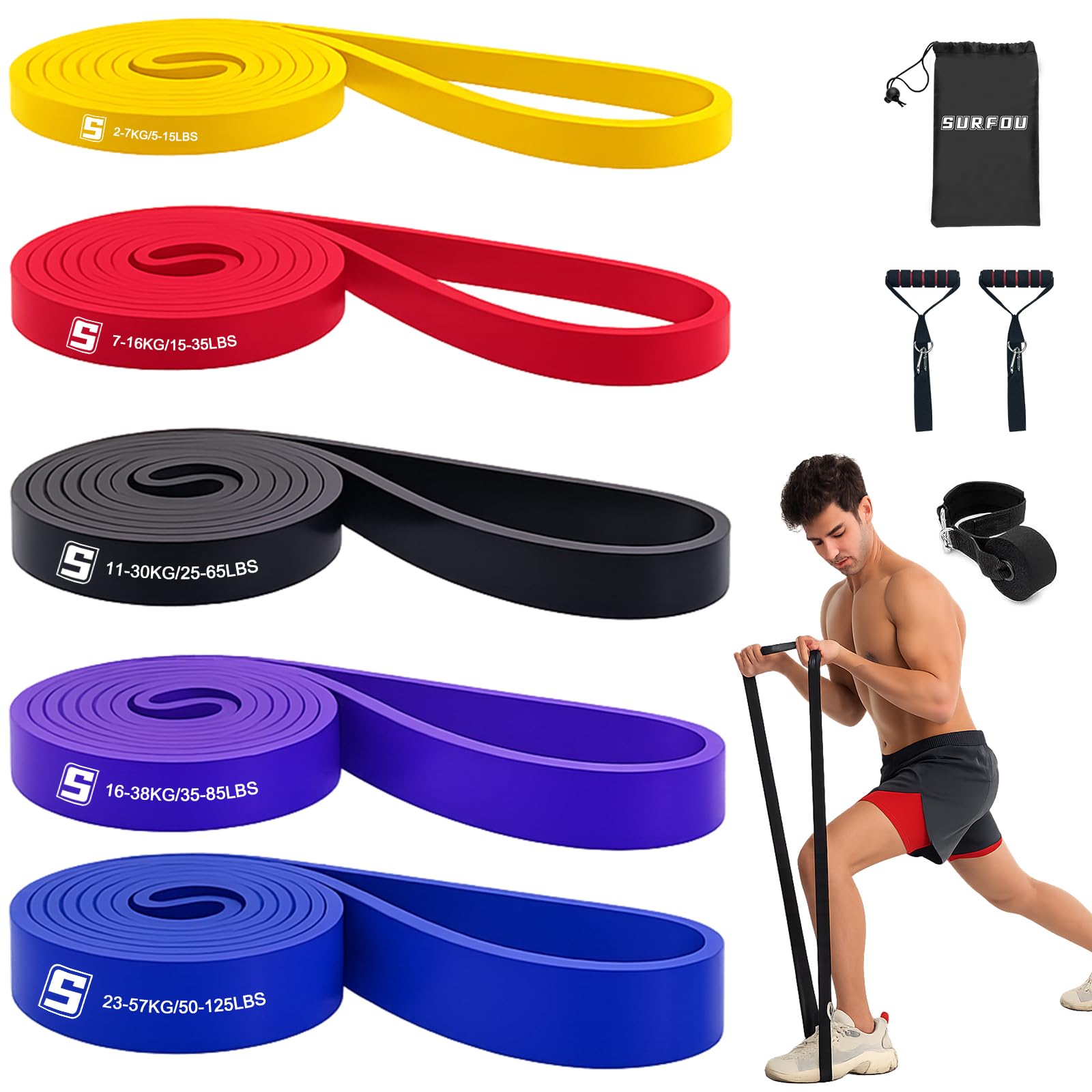 SURFOU Elastici Fitness Set con 5 Livelli di Resistenza, Bande Elastiche con Gancio alla Porta, 2 Maniglie, Guida agli Esercizi e Borsa per il Trasporto, per Allenamento