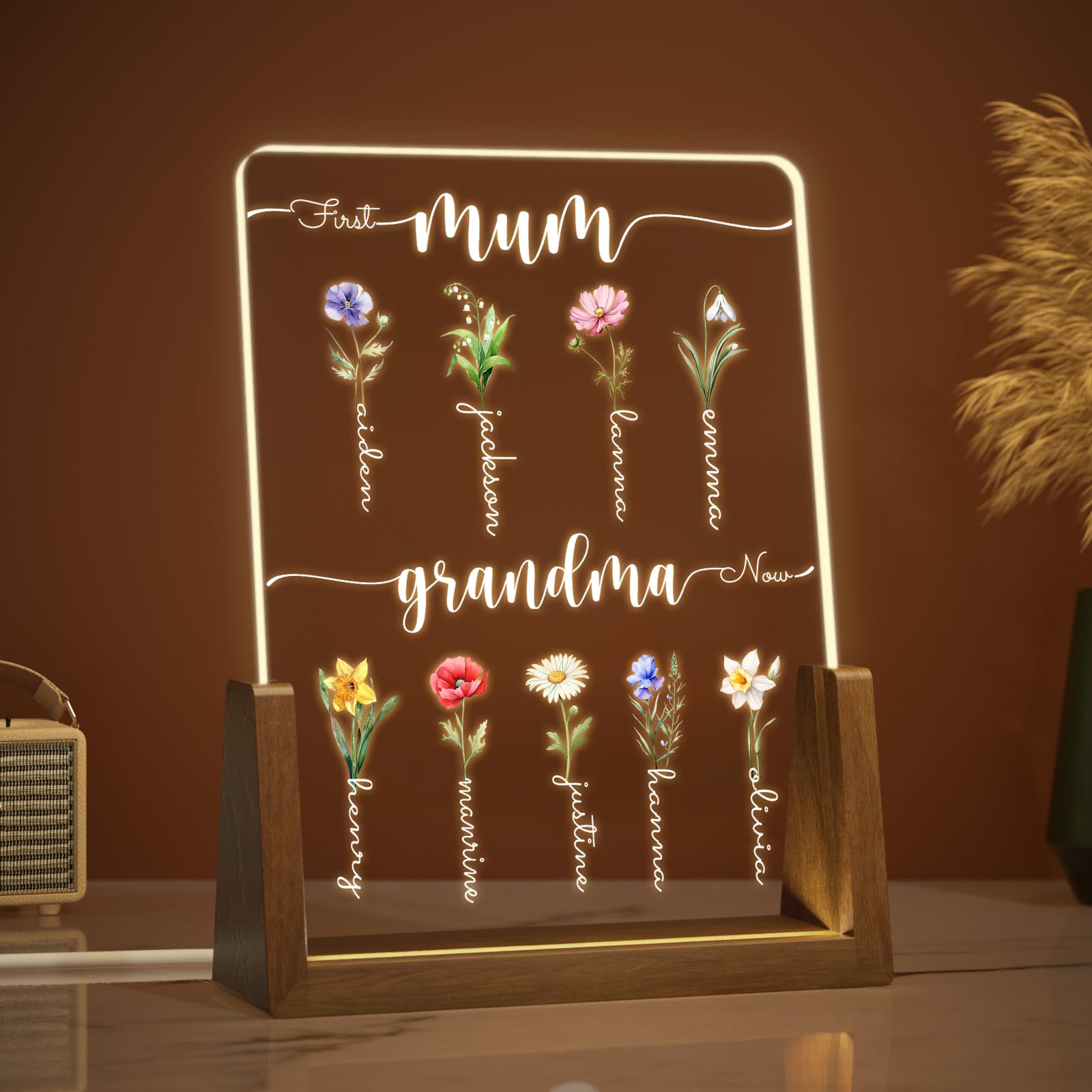 Giftove Personalised Mothers Day Gifts for Mum Grandma from Son Daughter Kids, Custom Mother's Day Night Light, Customised Birth Month Flower with Names, Grandma Birthday Mothers Day Presents Ideas