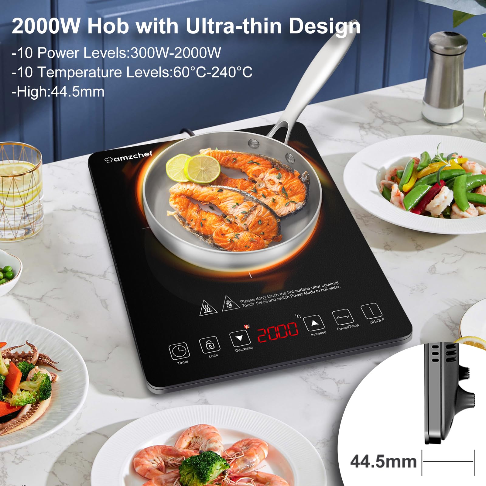 AMZCHEF Płyta indukcyjna, 2000W Single Induction Hob, Slim Design, 10 poziomów mocy, 10 ustawień temperatury, Safety Lock, 3 Hour Timer, Black