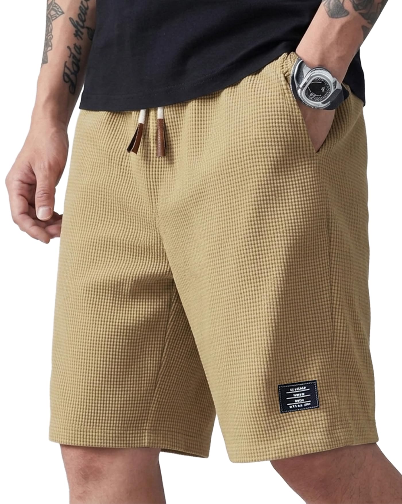 enitor Men Solid Drawstring Waist Casual Knee Length Shorts, Solid Men Beige Basic Shorts-picture-51