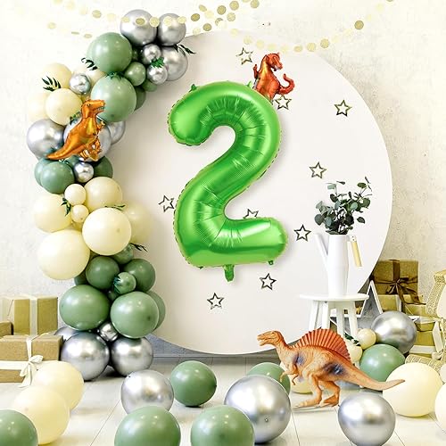 Miniatura 6 de Globo verde de dinosaurio número 2 de 40 pulgadas para decoración de fiesta de cumpleaños, globo de aluminio de número grande, globo verde, lindo